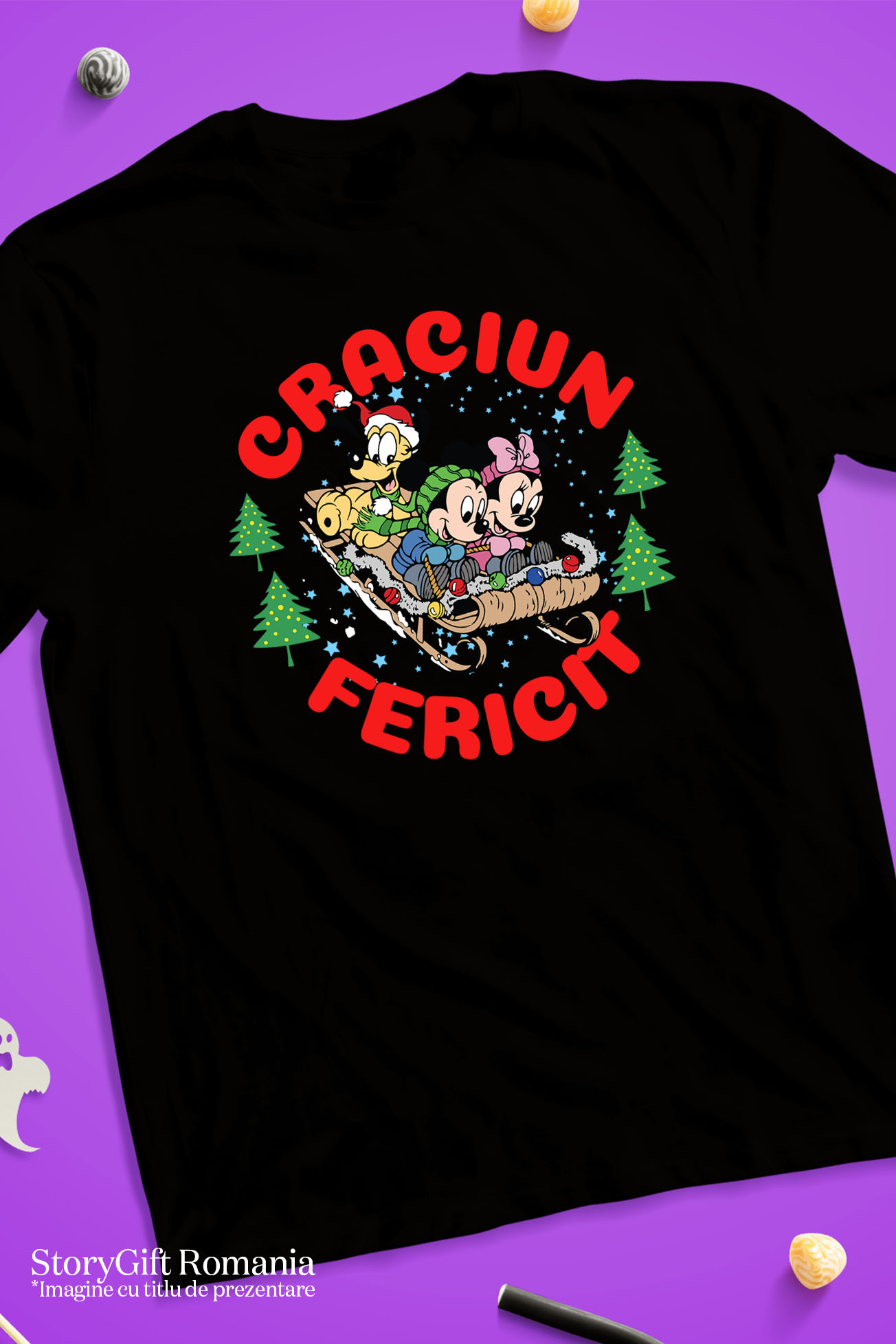 Tricou Copii cu Aventuri Minnie si Mickey Mouse in Spirit de Craciun 100% Bumbac, Negru, 12 Ani [4]