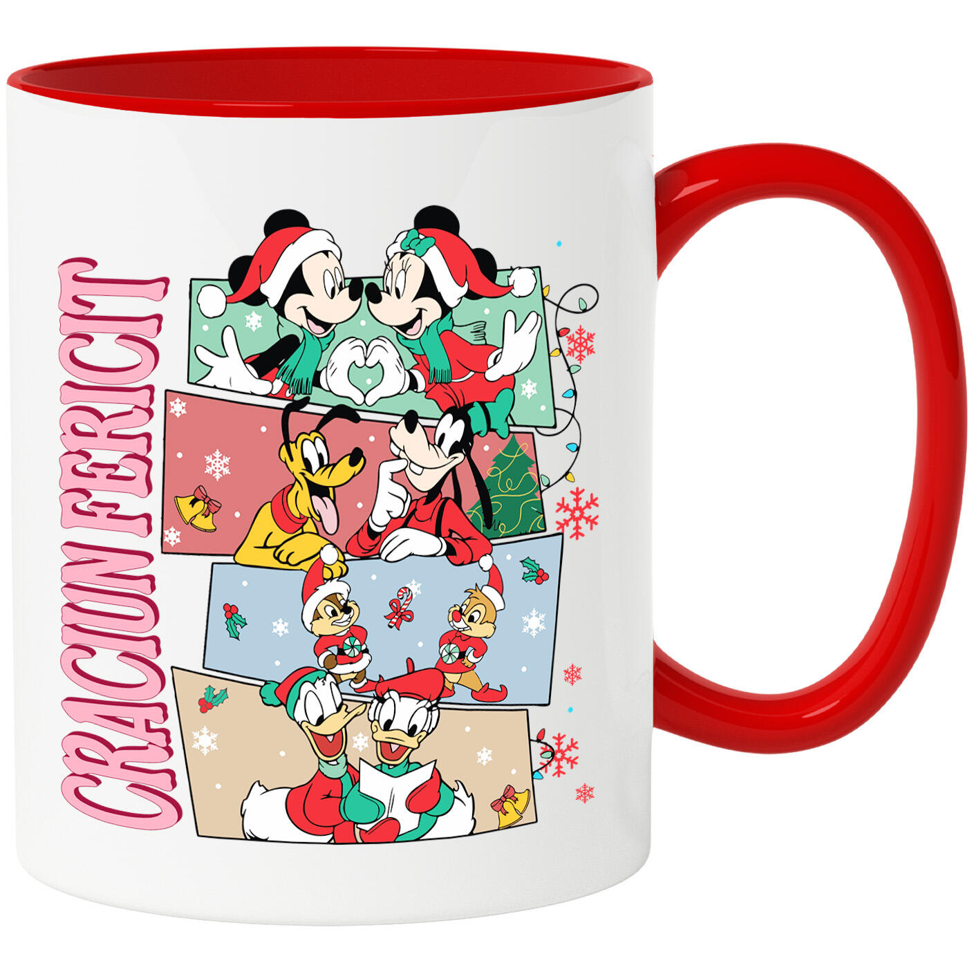 Craciun - Cana Cu Prietenii Mickey Mouse Cadru Plin de Rasete Ceramica, 330ML, cu Maner Rosu