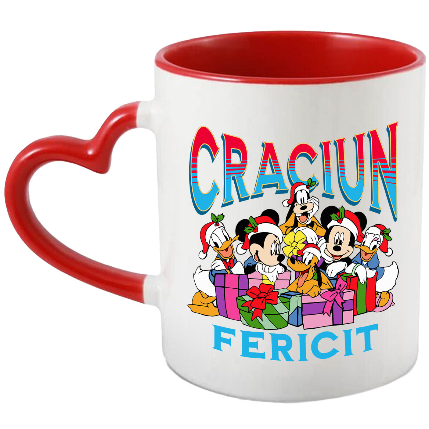 Craciun - Cana Cu Familia Mickey Mouse Cadru Plin de Rasete Ceramica, 330ML, cu Maner Inima Rosie