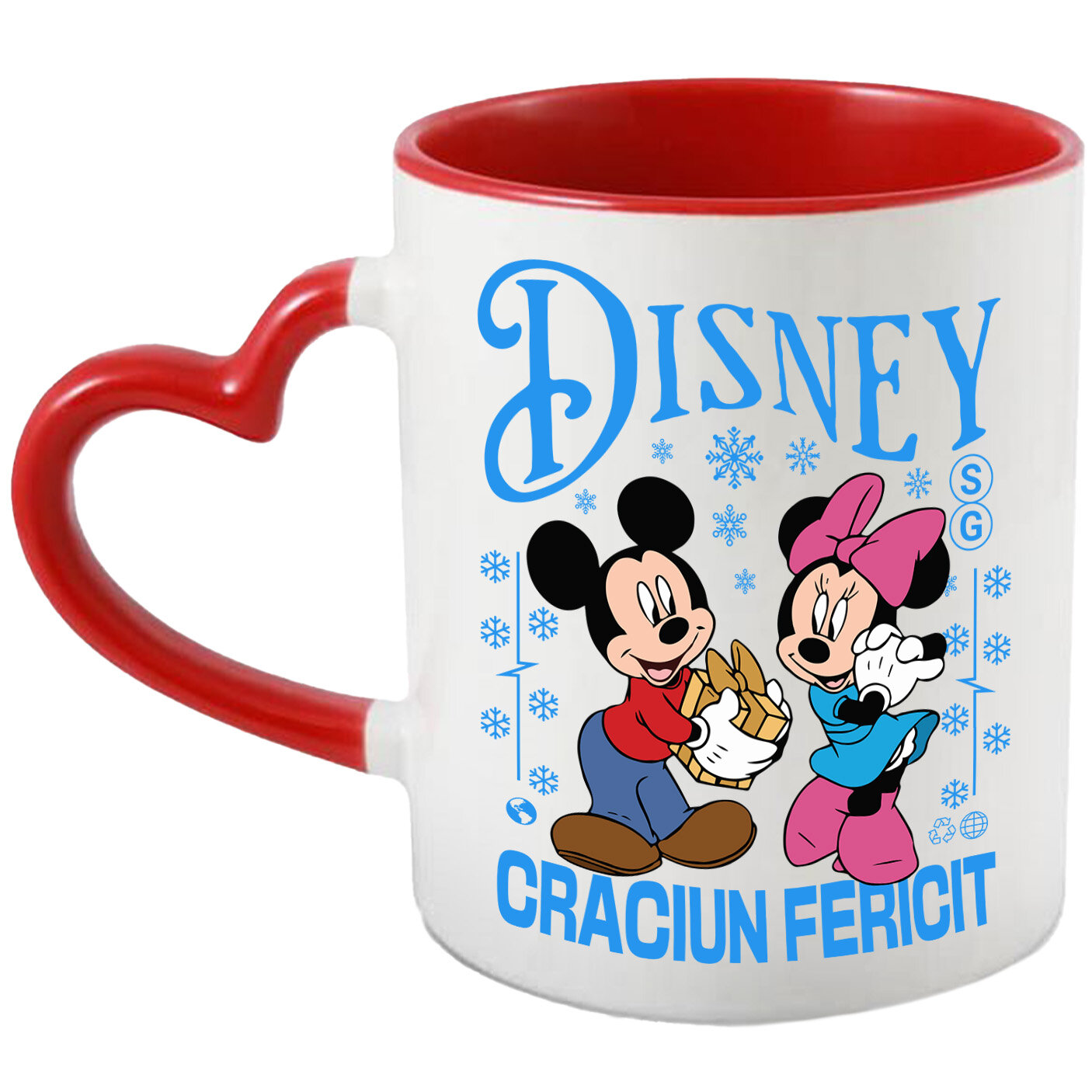 Craciun - Cana Cu Aventuri de Craciun cu Mickey si Minnie Ceramica, 330ML, cu Maner Inima Rosie