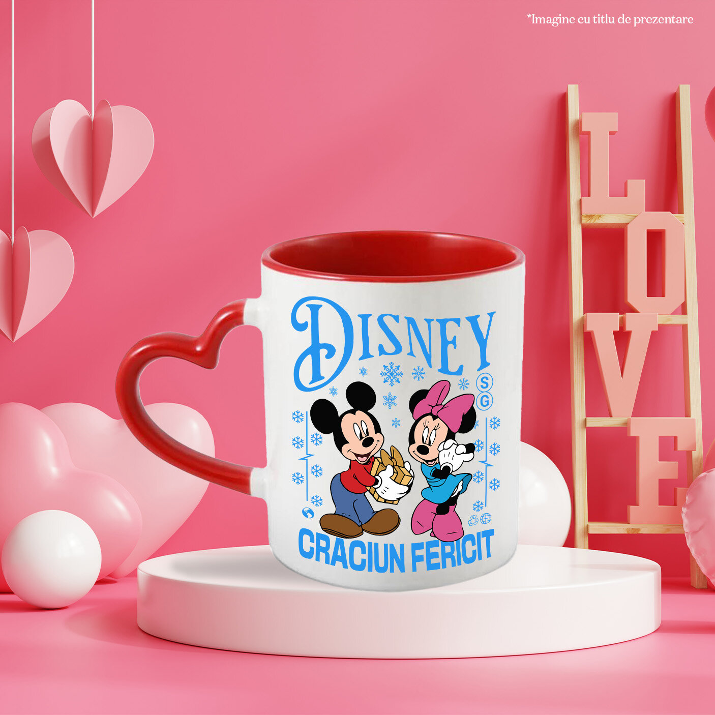 Cana Cu Aventuri de Craciun cu Mickey si Minnie Ceramica, 330ML, cu Maner Inima Rosie [2]