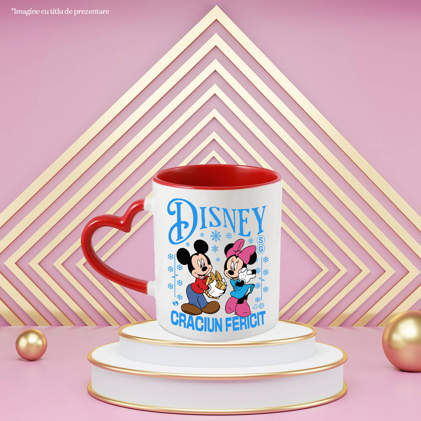 Cana Cu Aventuri de Craciun cu Mickey si Minnie Ceramica, 330ML, cu Maner Inima Rosie [1]