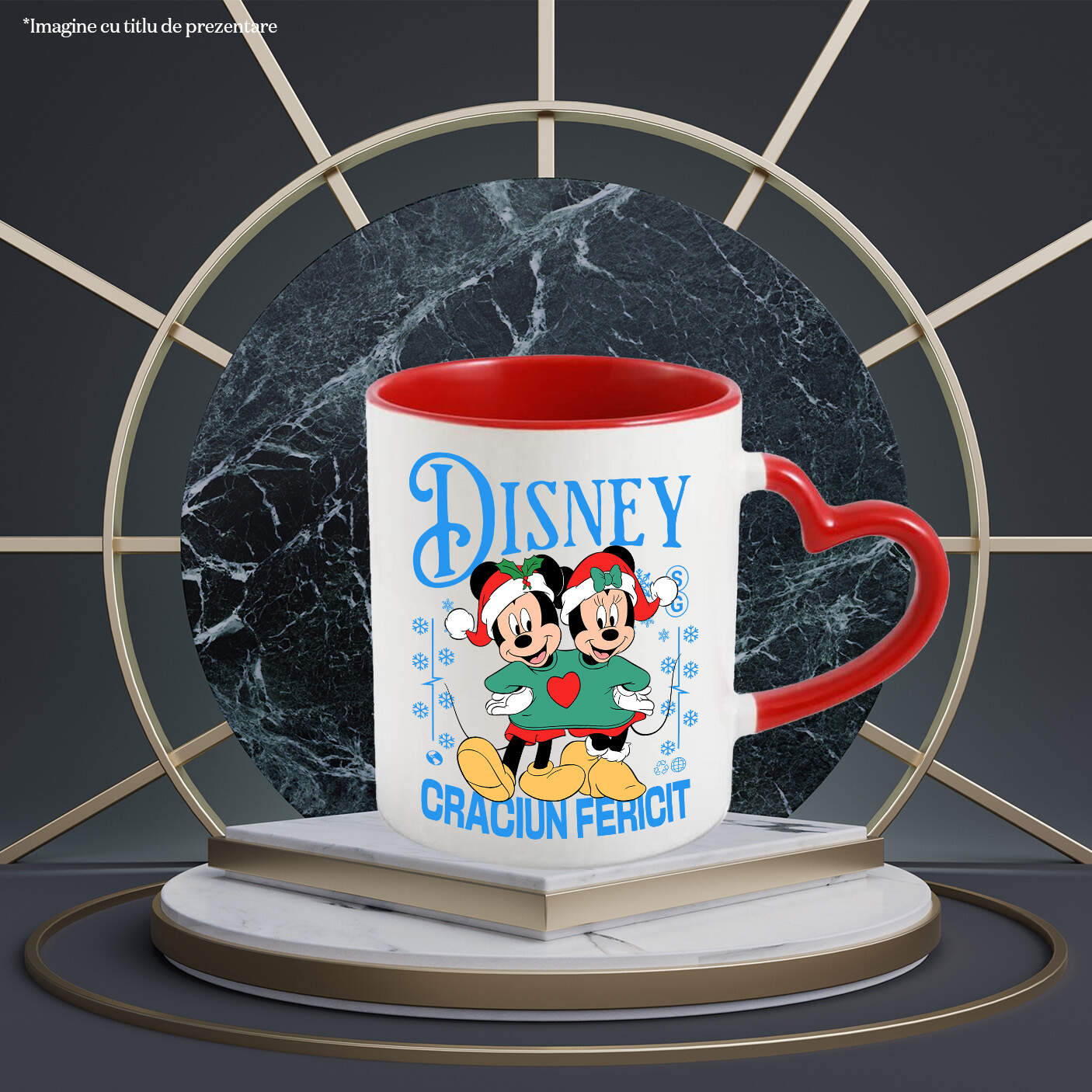 Cana Cu Cadru Mickey si Minnie Poveste de Craciun Ceramica, 330ML, cu Maner Inima Rosie [1]