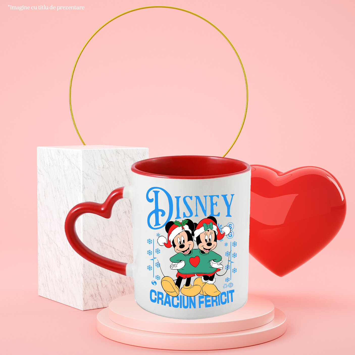 Cana Cu Cadru Mickey si Minnie Poveste de Craciun Ceramica, 330ML, cu Maner Inima Rosie [2]
