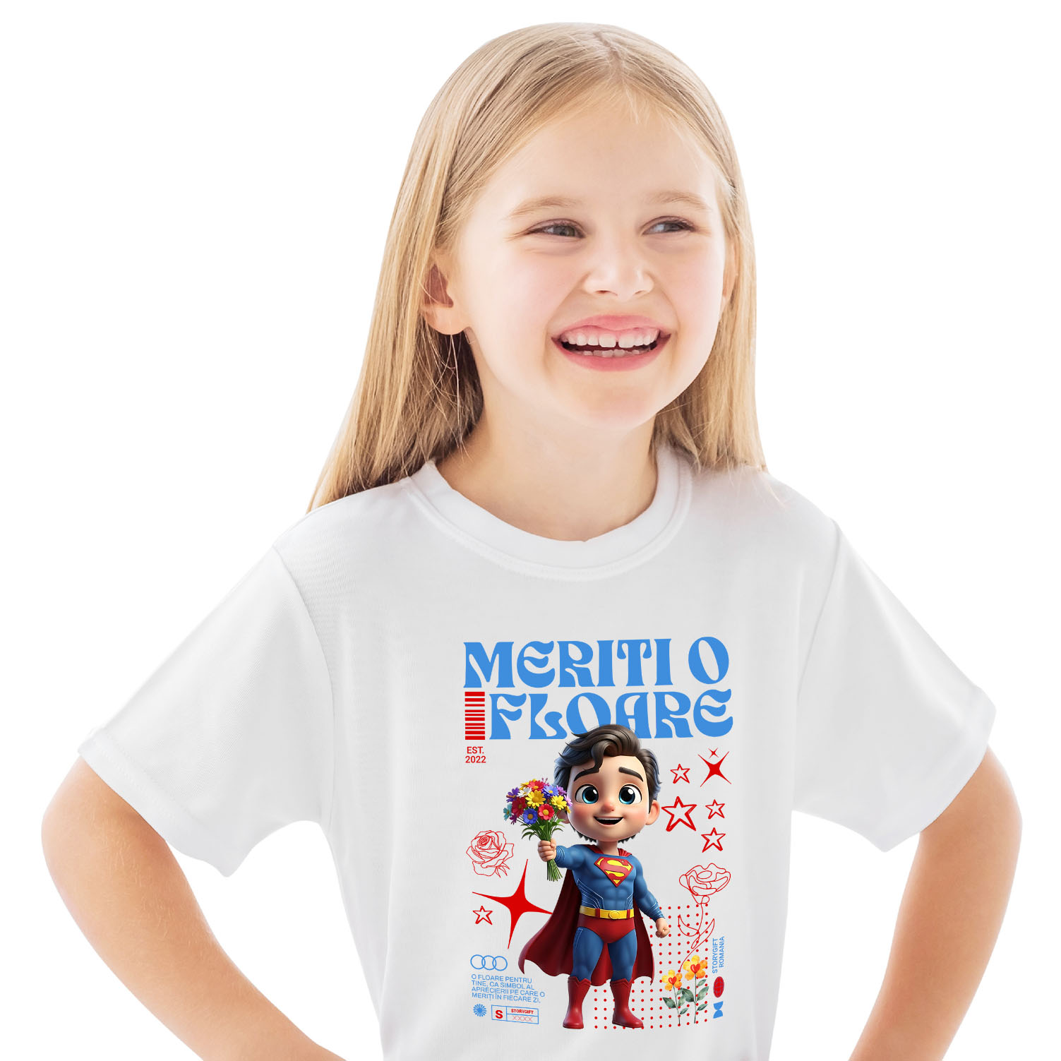 Tricou Copii cu Univers Disney cu Superman si Flori 100% Bumbac, Alb, 6 Ani [1]