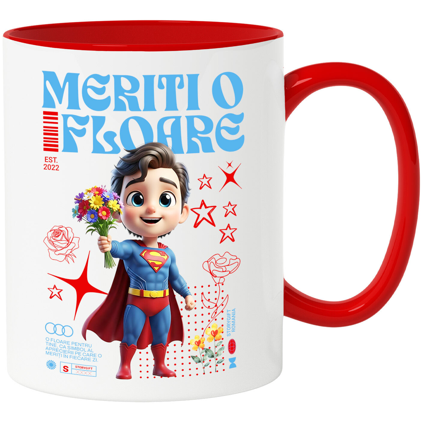 Flori - Cana Cu Univers Disney cu Superman si Flori Ceramica, 330ML, cu Maner Rosu