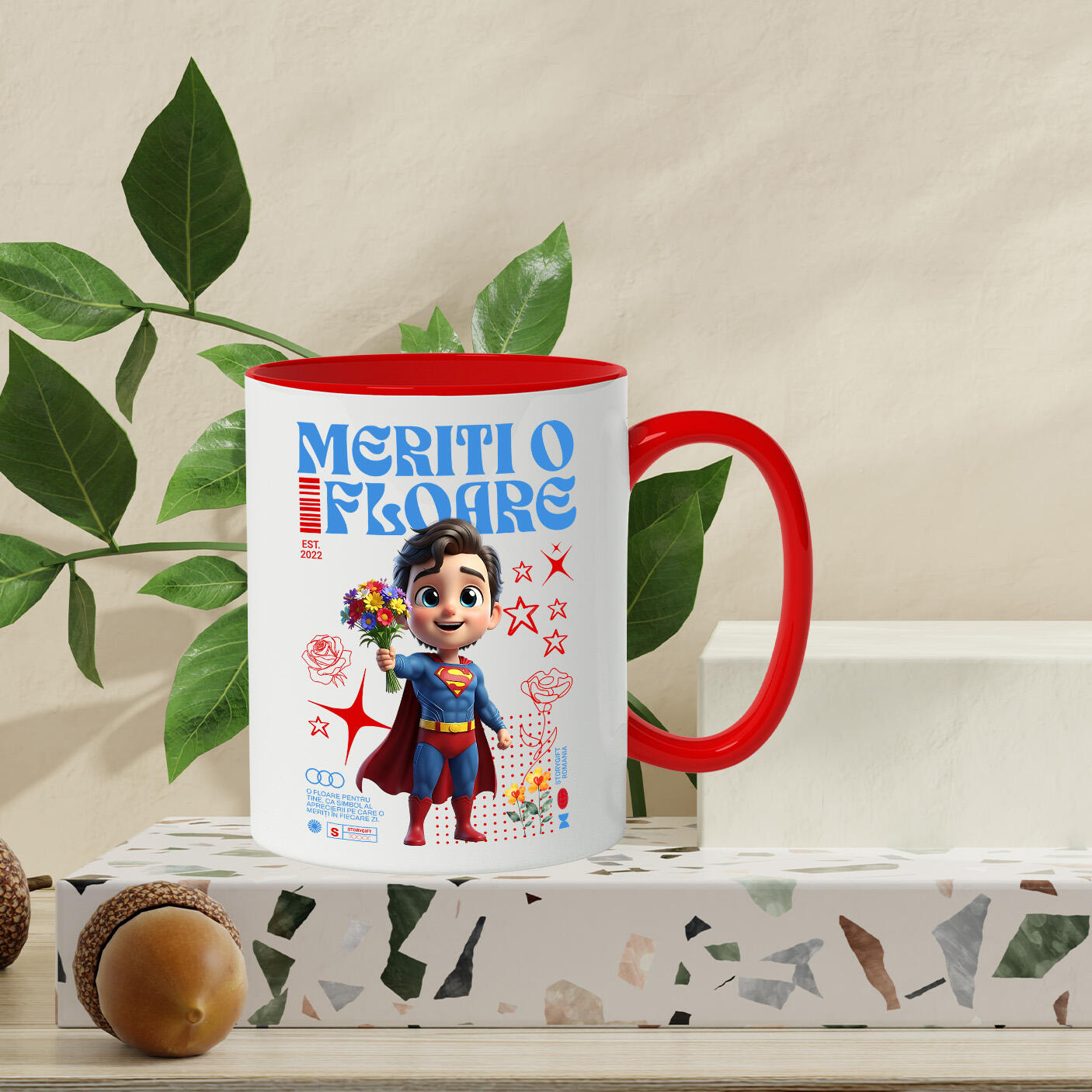 Cana Cu Univers Disney cu Superman si Flori Ceramica, 330ML, cu Maner Rosu [2]