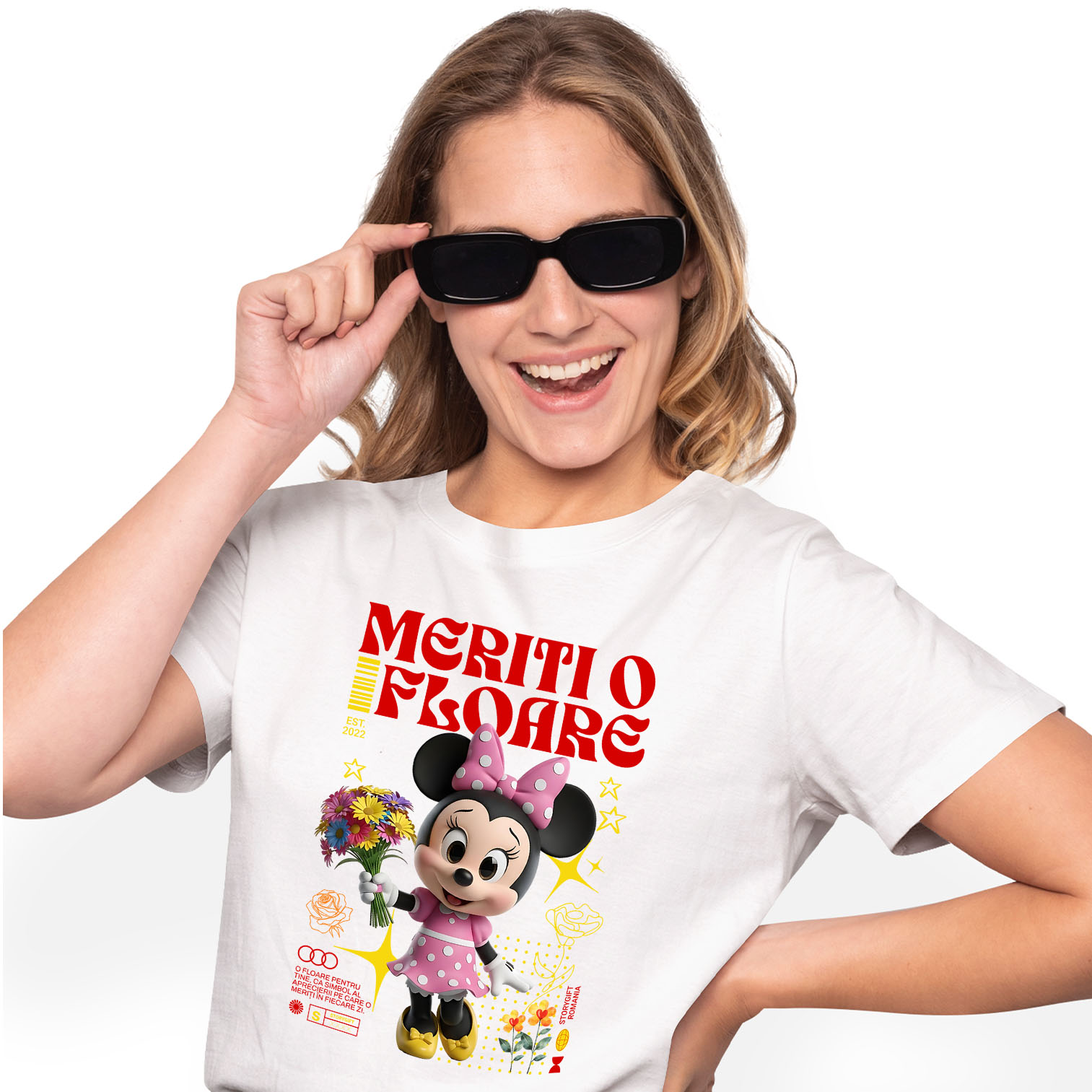 Flori - Tricou Femei cu Minnie Mouse Rasete si Flori Disney 100% Bumbac, Alb, XL