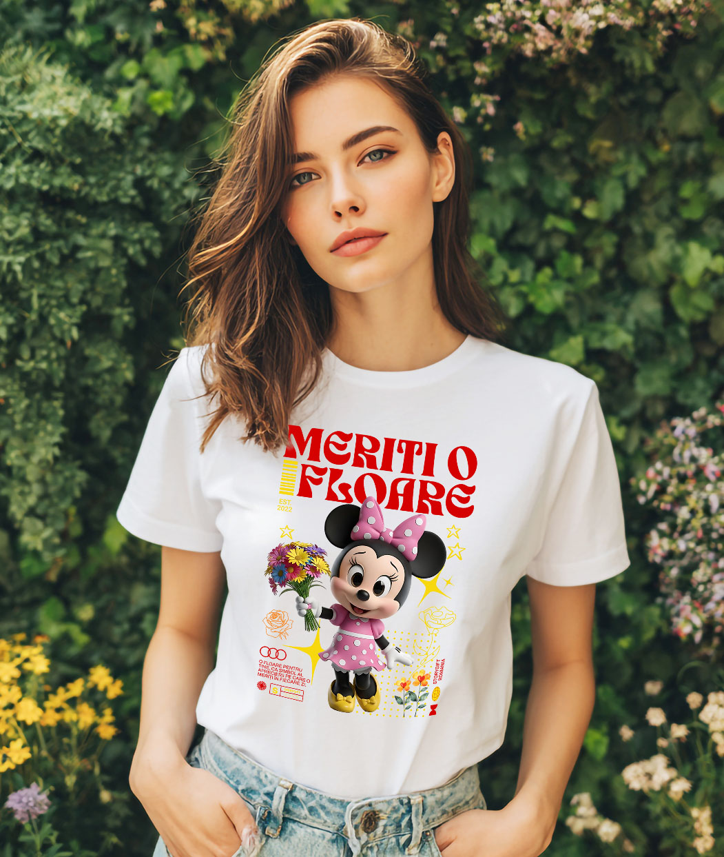 Tricou Femei cu Minnie Mouse Rasete si Flori Disney 100% Bumbac, Alb, XL [1]