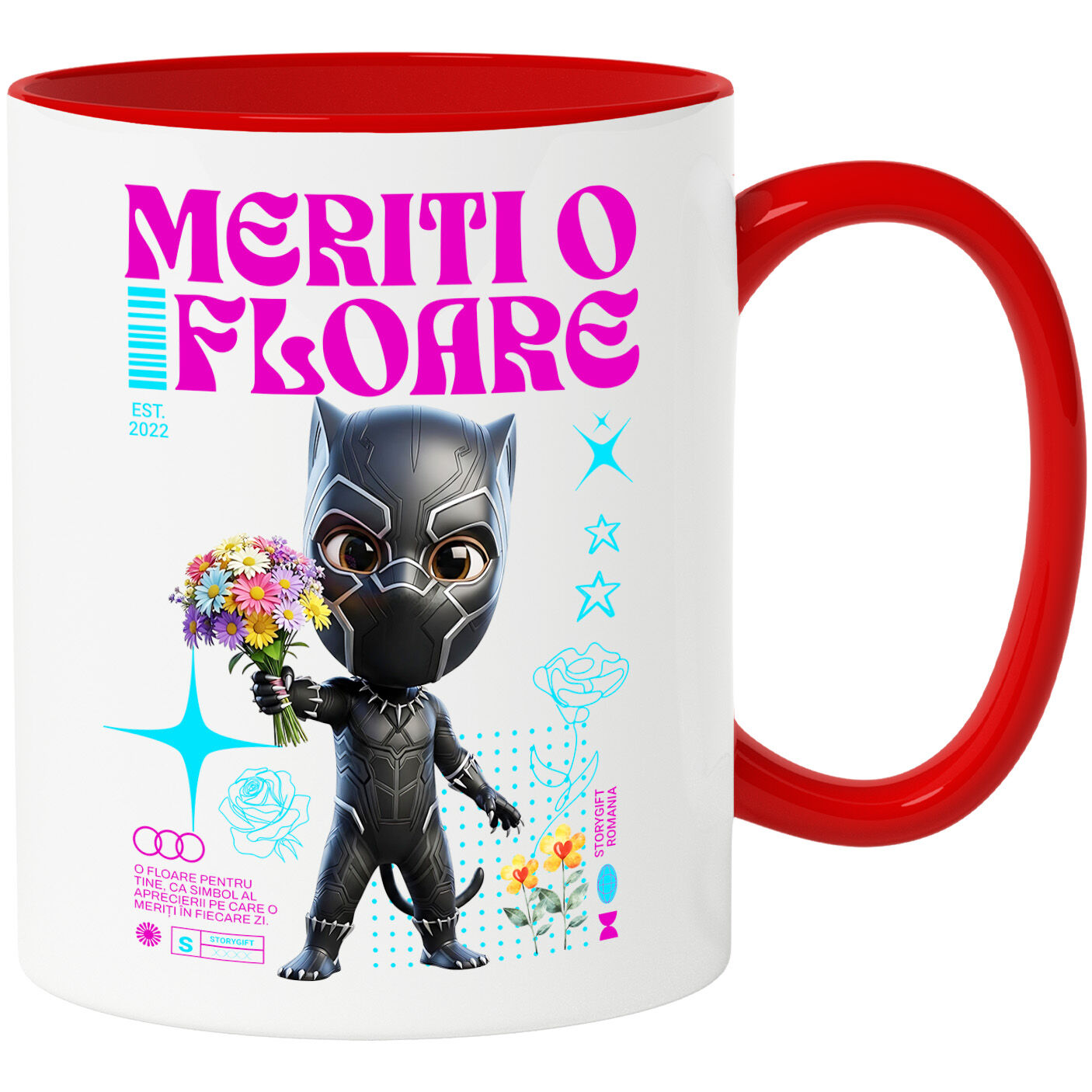 Flori - Cana Cu Flori Minunate cu Pantera Neagra din Disney Ceramica, 330ML, cu Maner Rosu