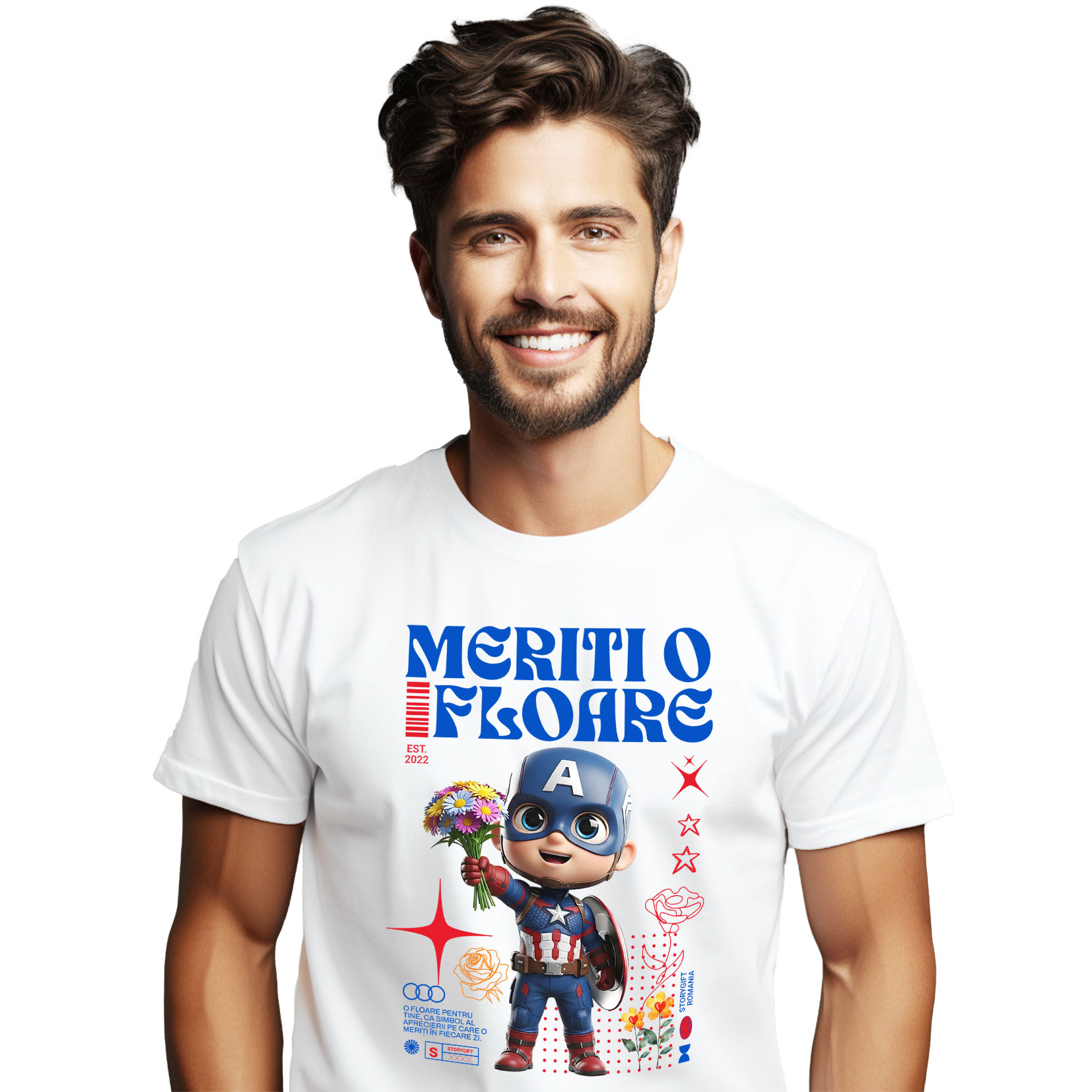 Flori - Tricou Barbati cu Flori Disney cu Personaje din Captain America 100% Bumbac, Alb, L
