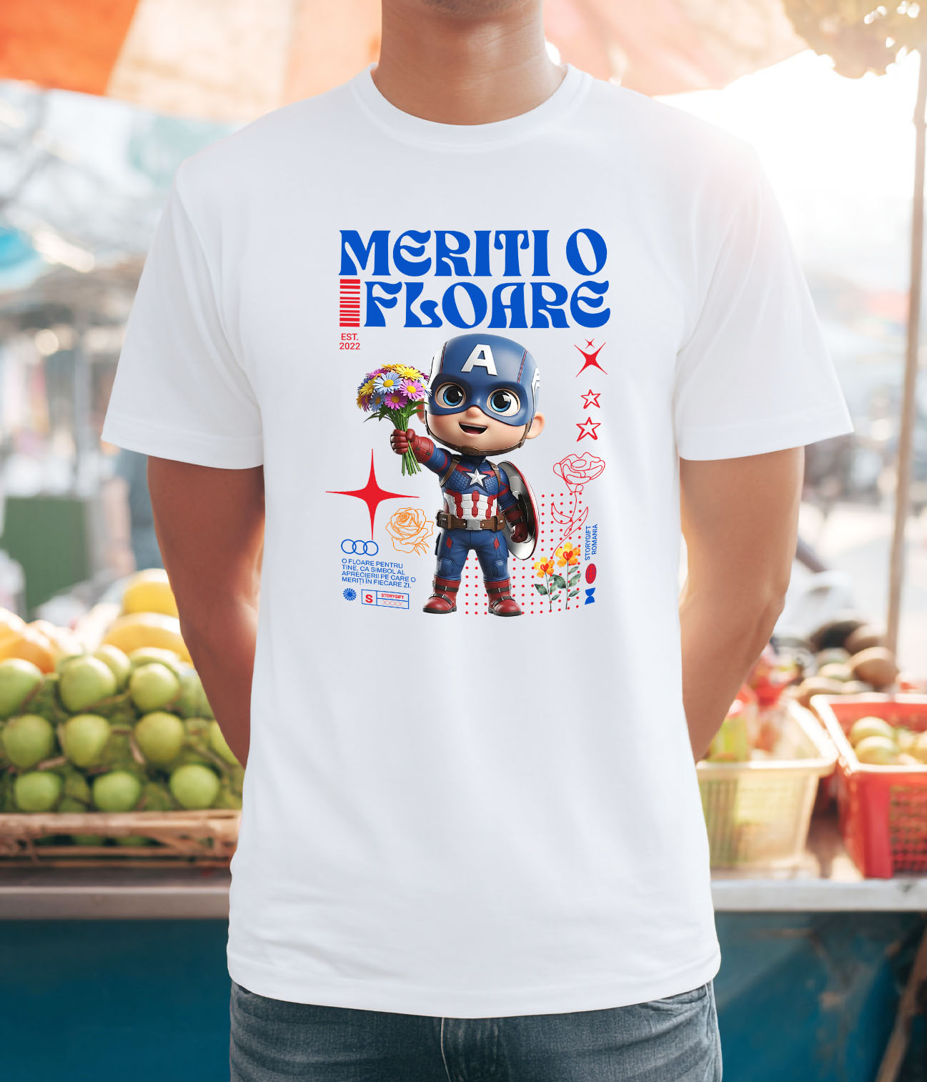 Tricou Barbati cu Flori Disney cu Personaje din Captain America 100% Bumbac, Alb, L [1]