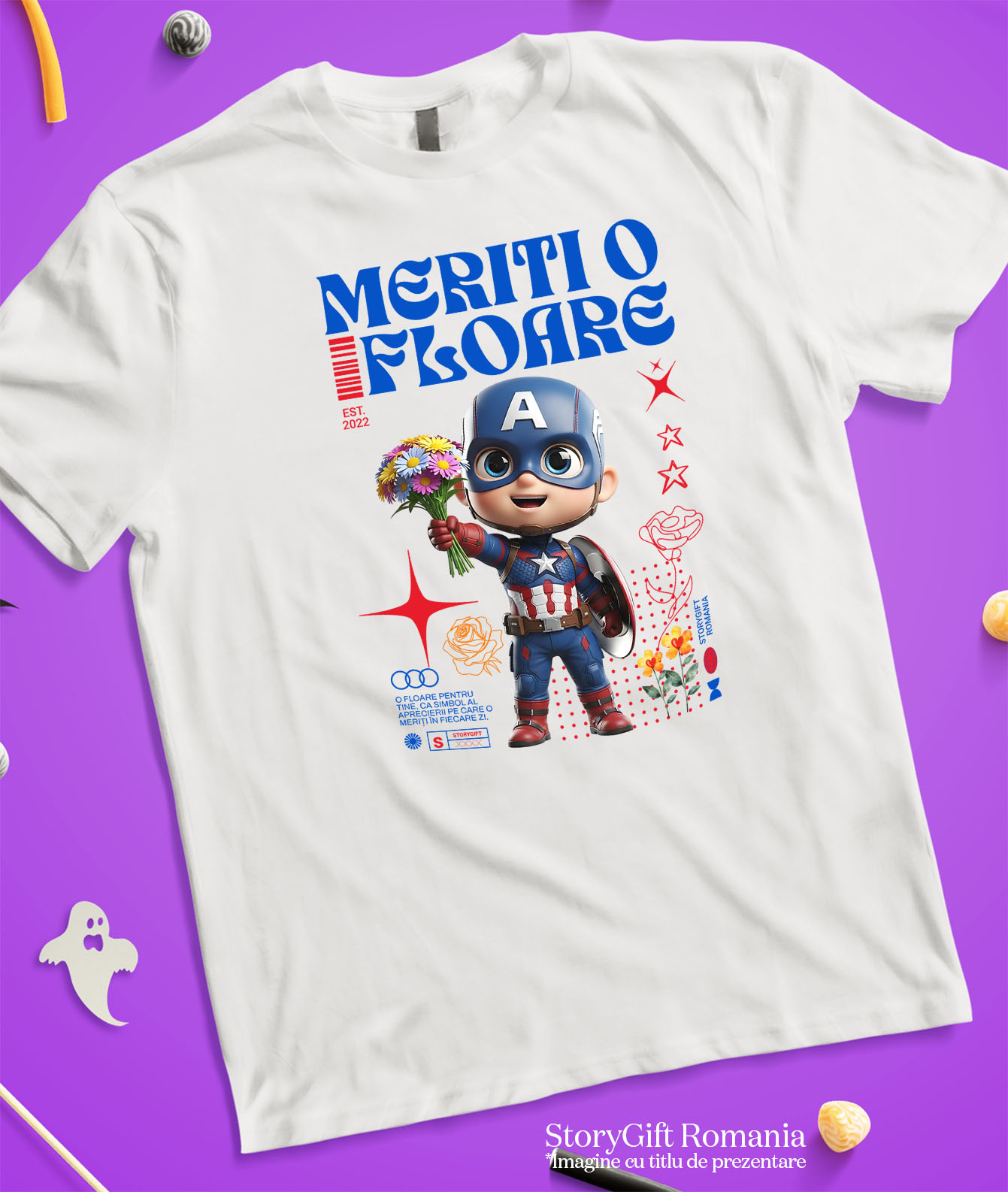 Tricou Barbati cu Flori Disney cu Personaje din Captain America 100% Bumbac, Alb, L [2]