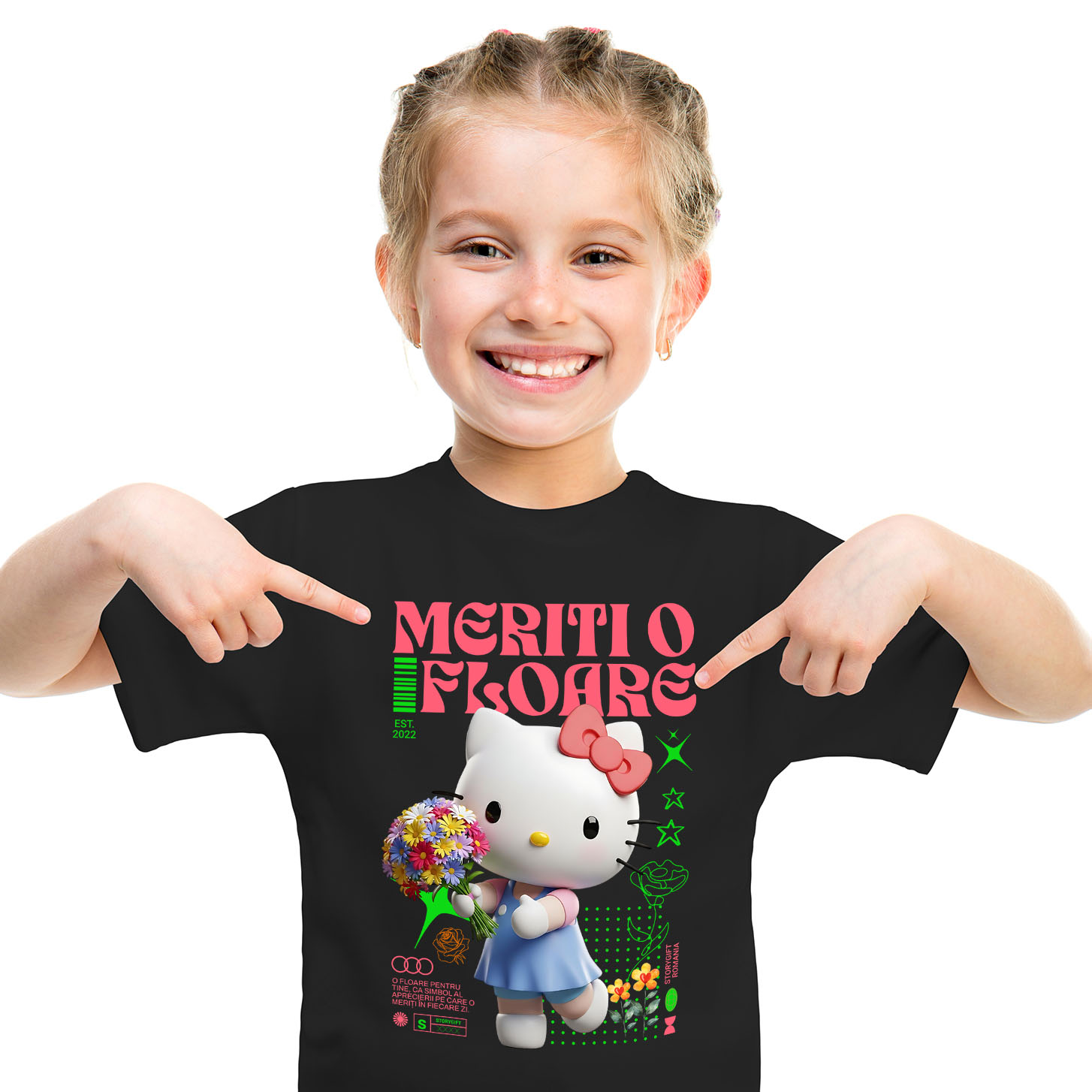 Flori - Tricou Copii cu Hello Kitty - Flori din Lumea Disney 100% Bumbac, Negru, 12 Ani