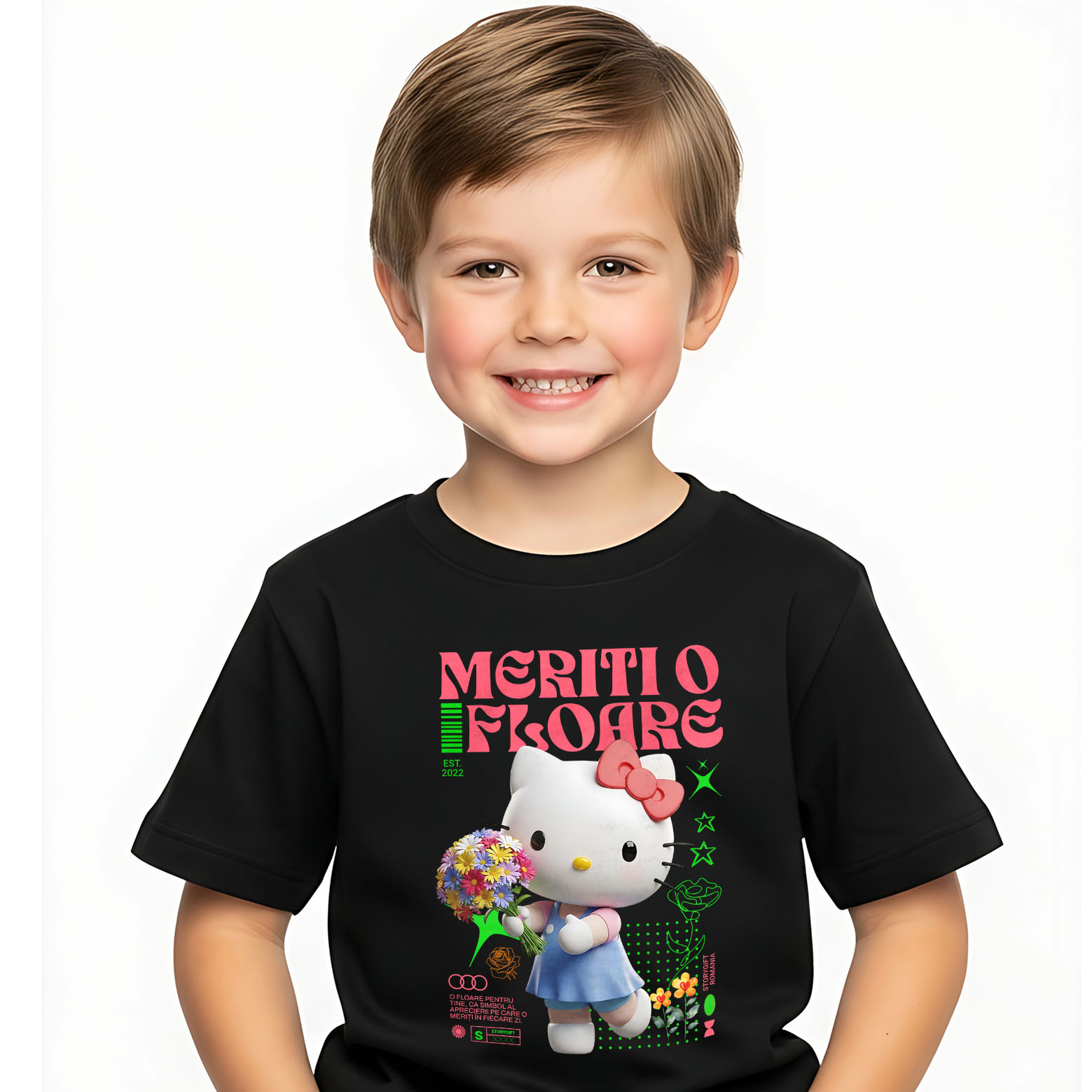 Tricou Copii cu Hello Kitty - Flori din Lumea Disney 100% Bumbac, Negru, 12 Ani [1]