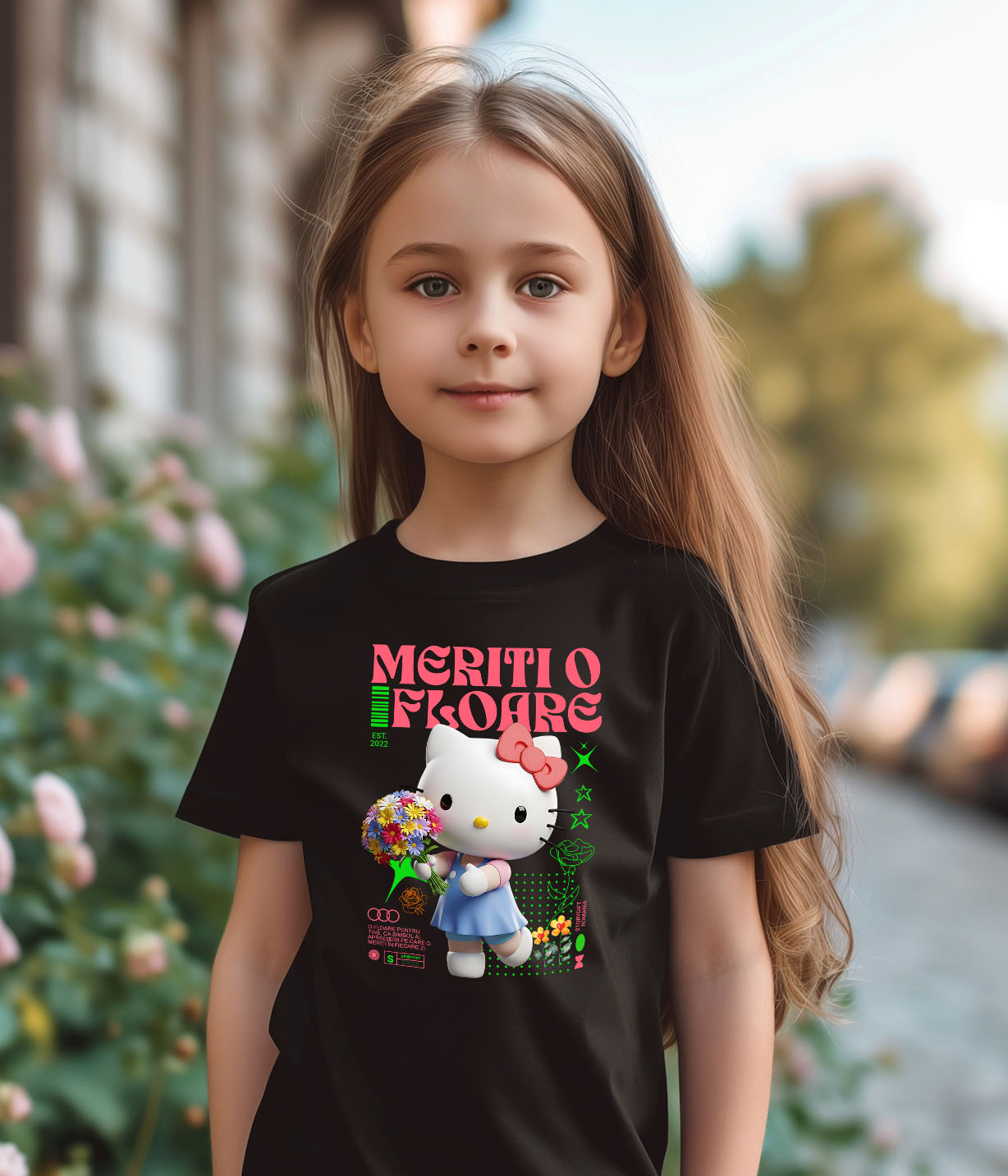 Tricou Copii cu Hello Kitty - Flori din Lumea Disney 100% Bumbac, Negru, 12 Ani [2]