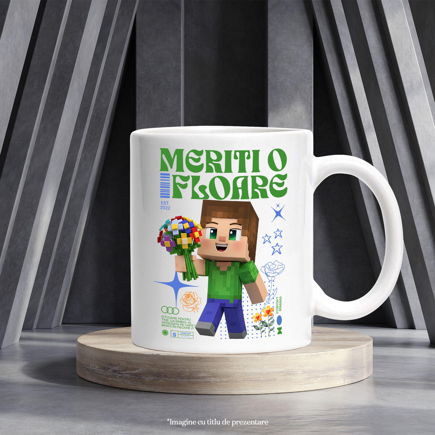 Cana Cu Flori Disney Inspirate de Minecraft Ceramica, 330ML, cu Maner Alb [2]