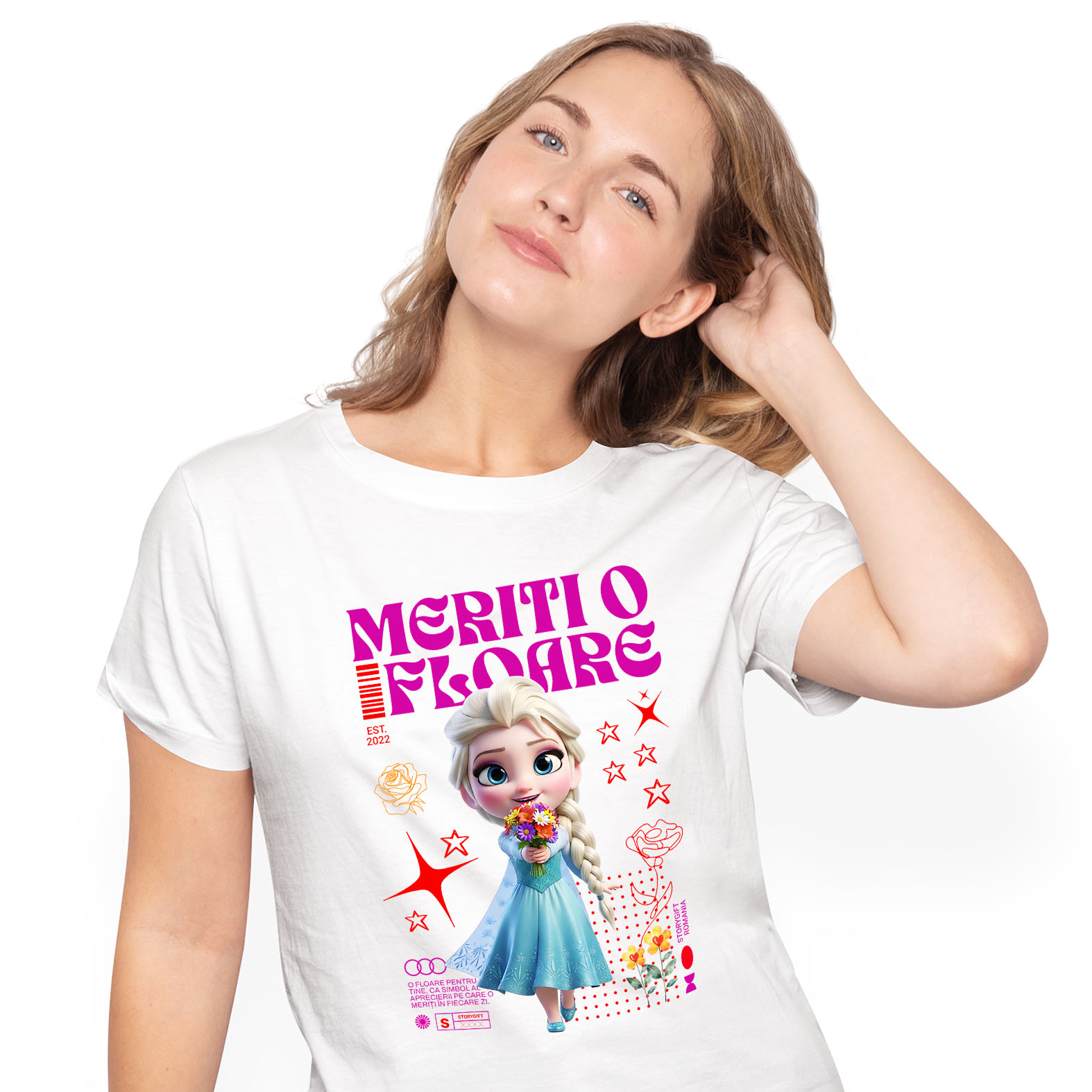 Tricouri - Tricou Femei cu Lumea Disney si Flori cu Elsa 100% Bumbac, Alb, M