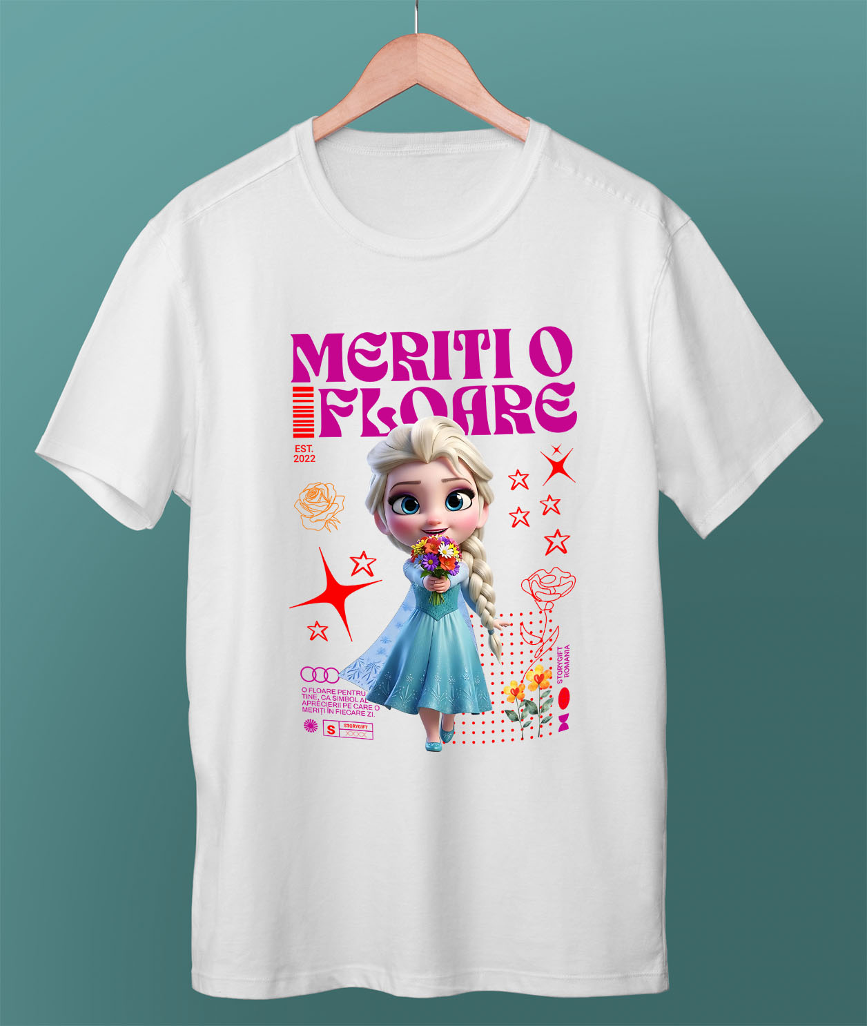 Tricou Femei cu Lumea Disney si Flori cu Elsa 100% Bumbac, Alb, M [2]
