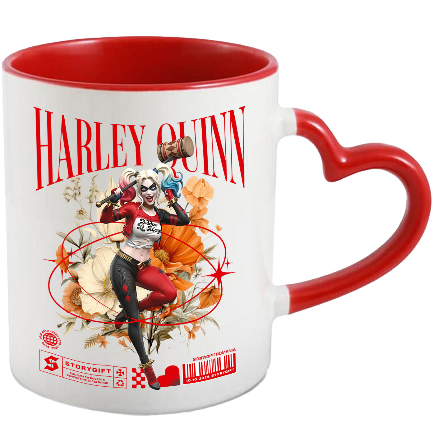 Desene Animate - Cana Cu Magie si Flori cu Harley Quinn din Lumea Disney Ceramica, 330ML, cu Maner Inima Rosie