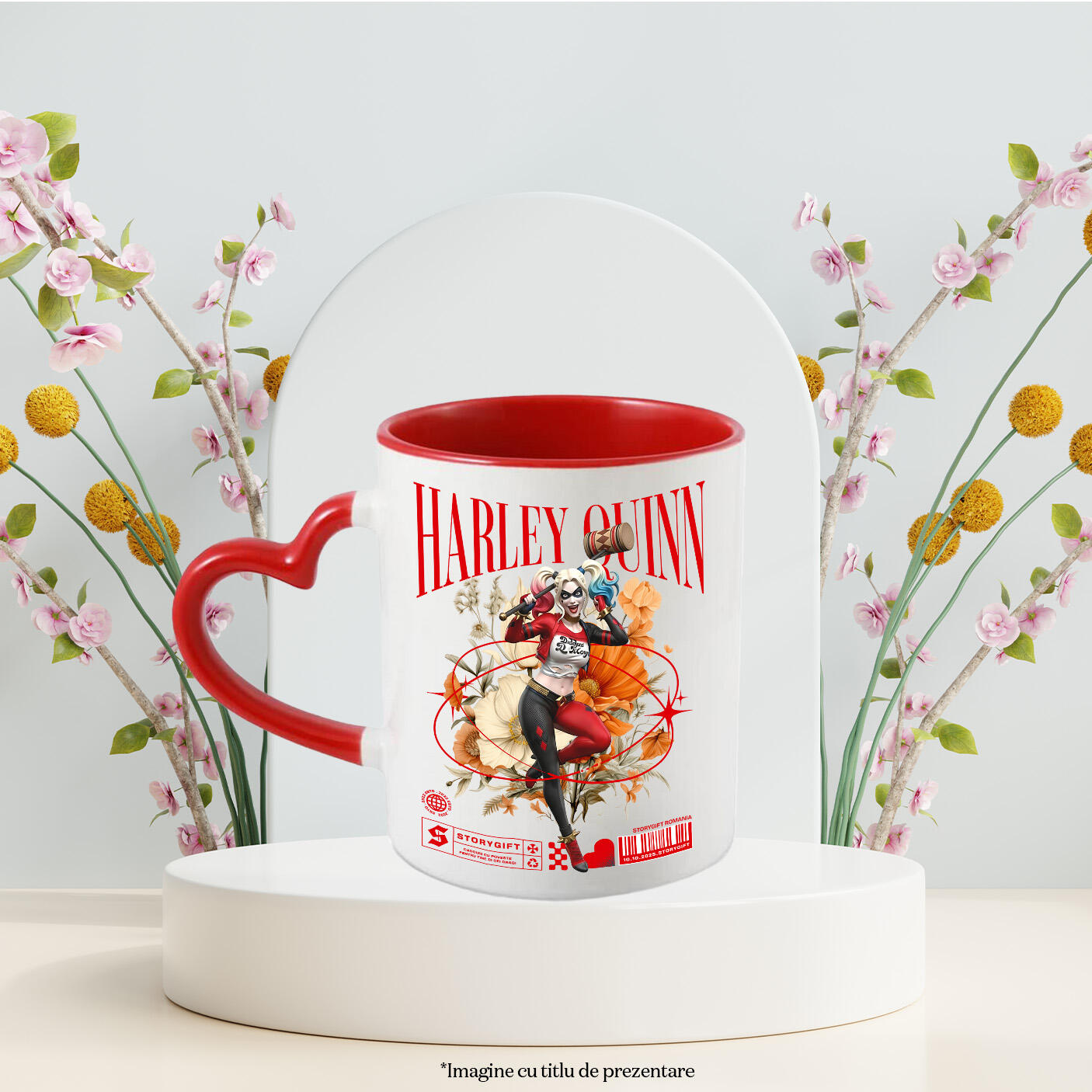 Cana Cu Magie si Flori cu Harley Quinn din Lumea Disney Ceramica, 330ML, cu Maner Inima Rosie [2]