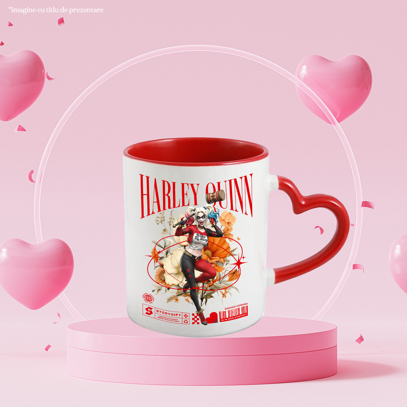 Cana Cu Magie si Flori cu Harley Quinn din Lumea Disney Ceramica, 330ML, cu Maner Inima Rosie [1]