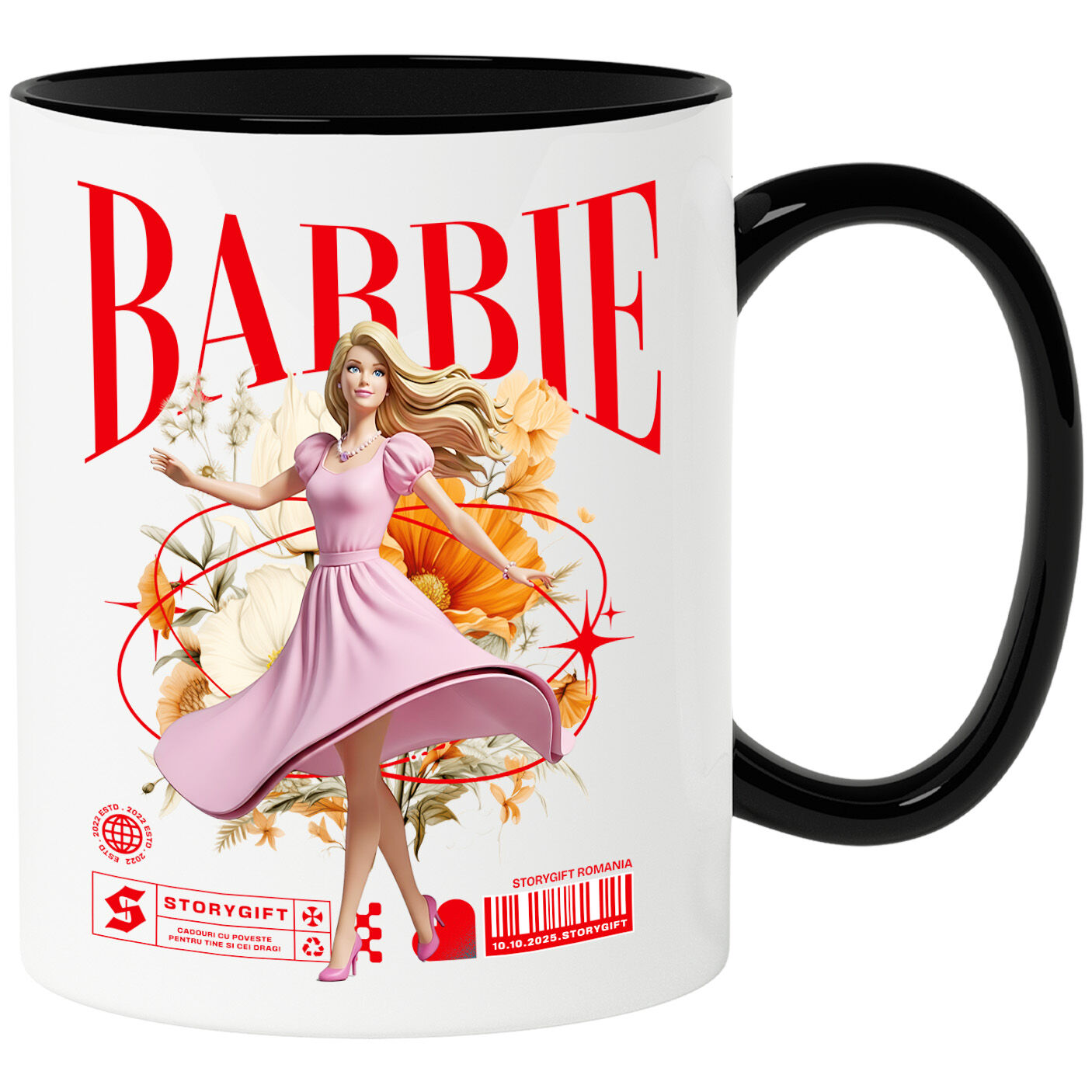 Desene Animate - Cana Cu Barbie - Flori Magice din Lumea Disney Ceramica, 330ML, cu Maner Negru
