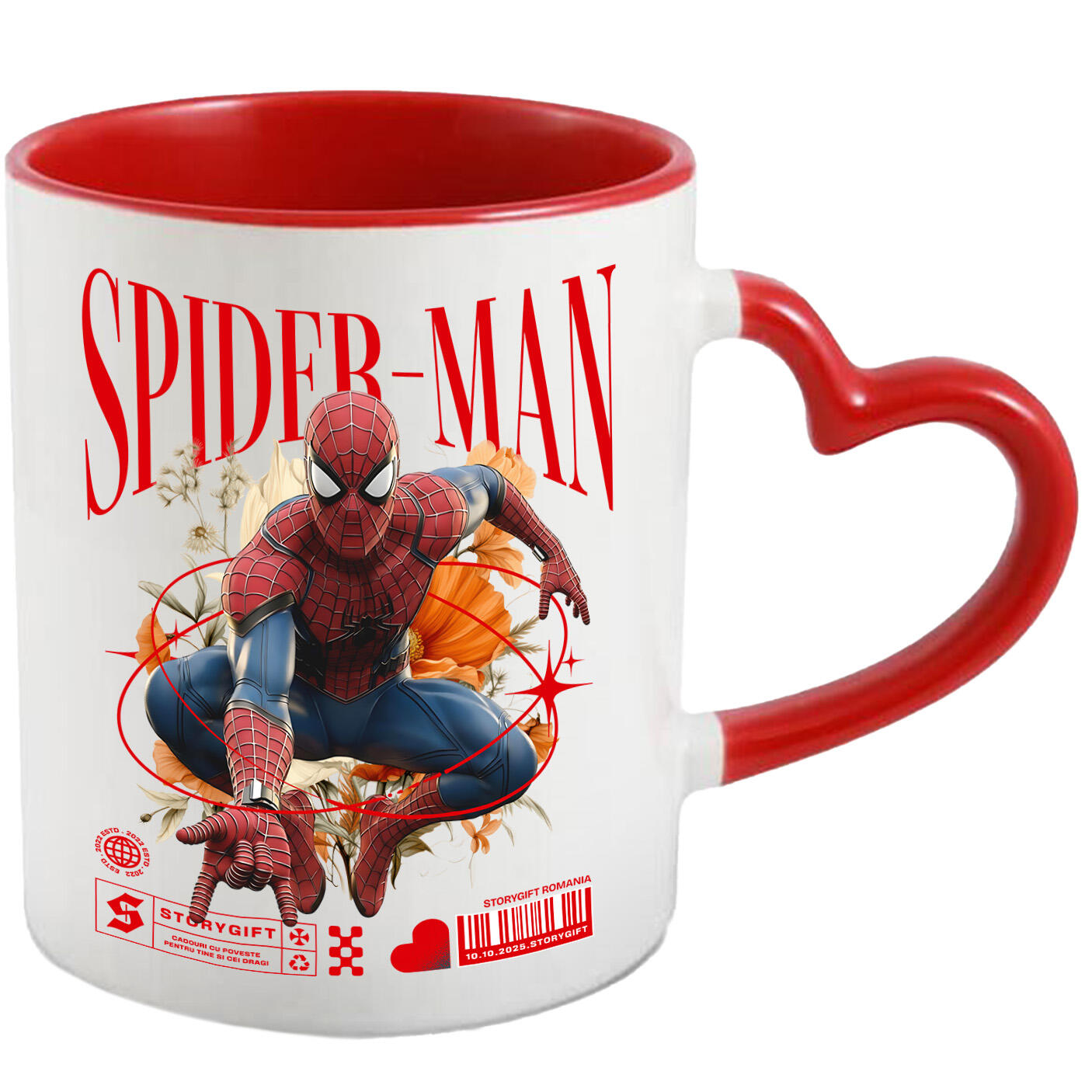 Desene Animate - Cana Cu Spiderman si Magia Florilor Disney Ceramica, 330ML, cu Maner Inima Rosie