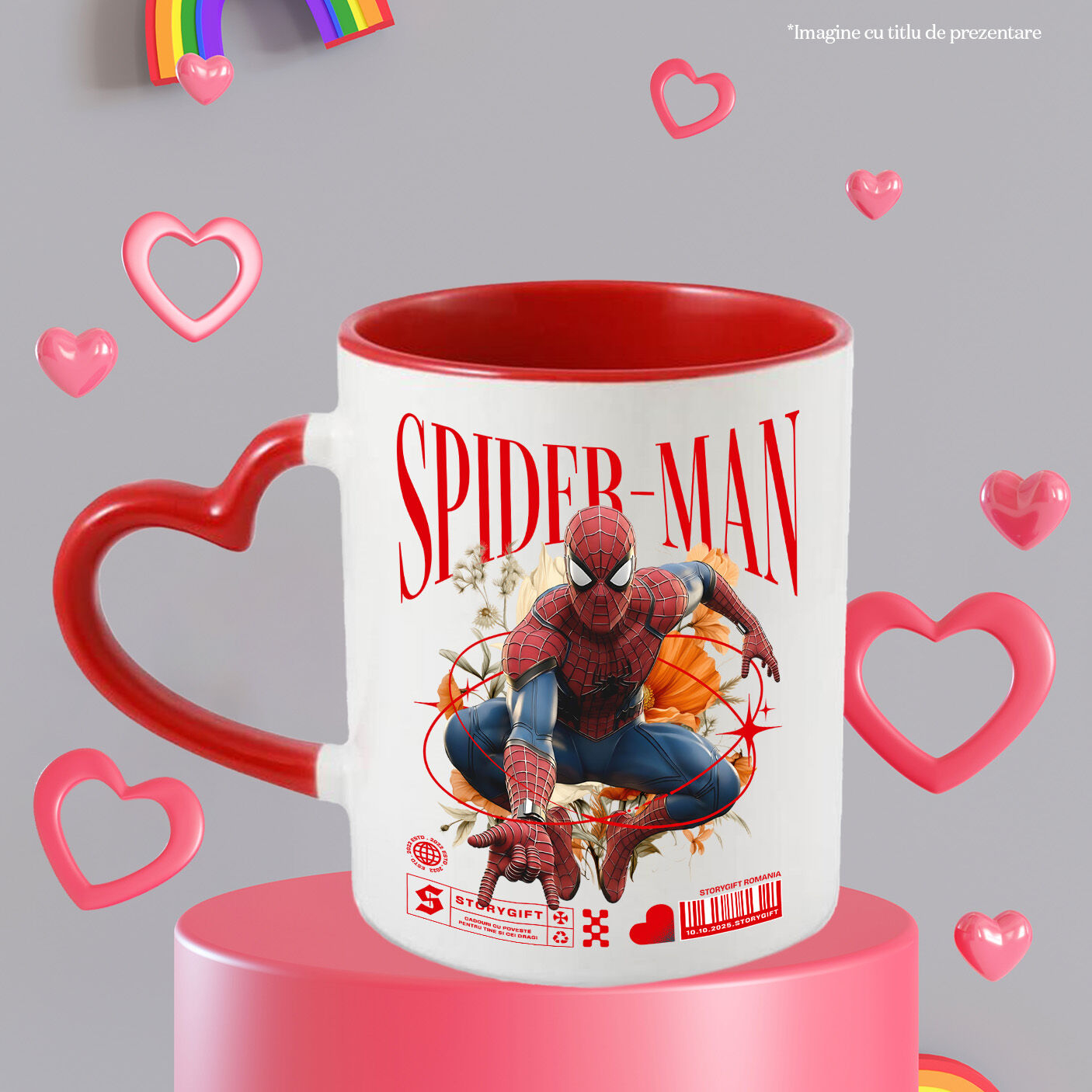 Cana Cu Spiderman si Magia Florilor Disney Ceramica, 330ML, cu Maner Inima Rosie [2]