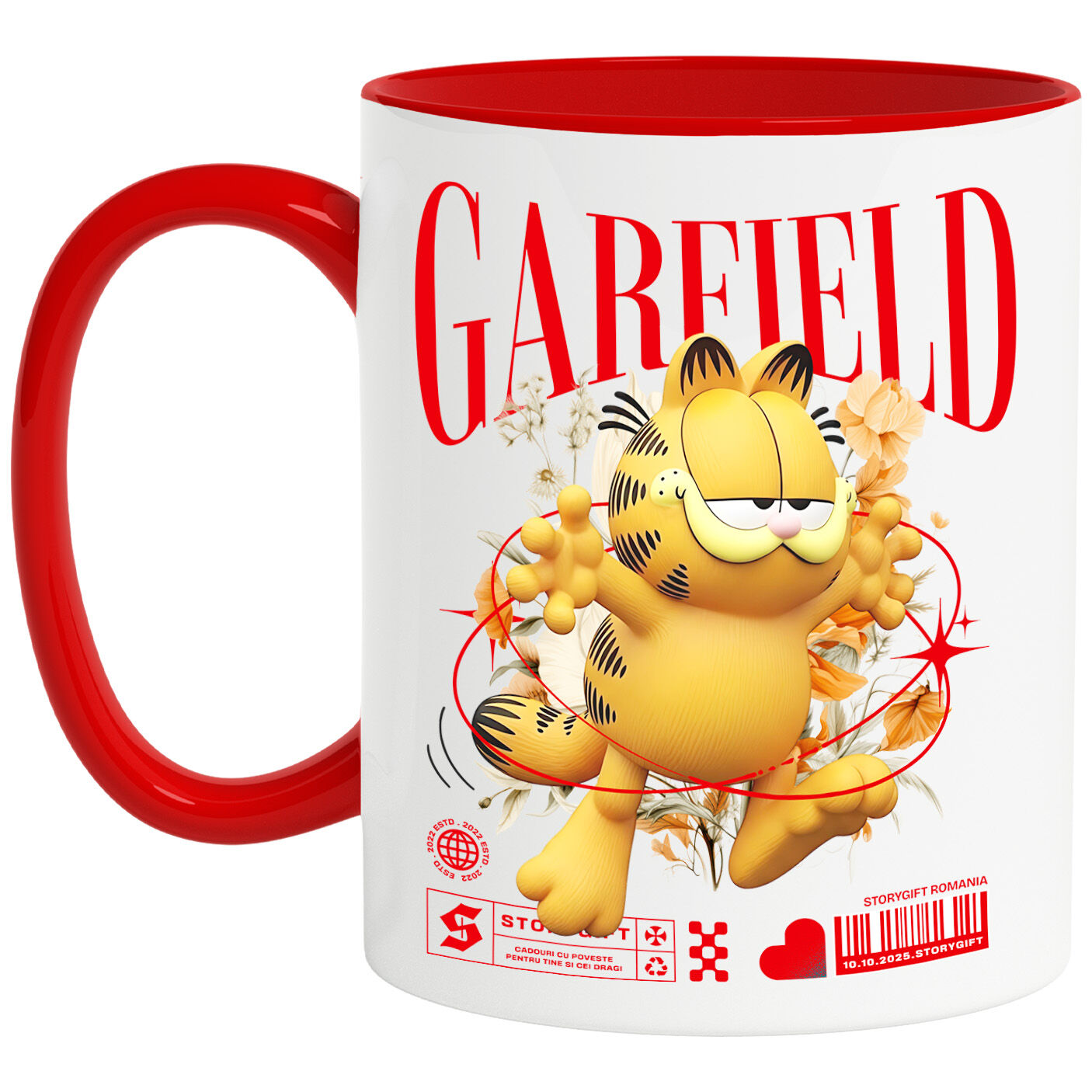 Desene Animate - Cana Cu Flori Disney și Râsul lui Garfield Ceramica, 330ML, cu Maner Rosu