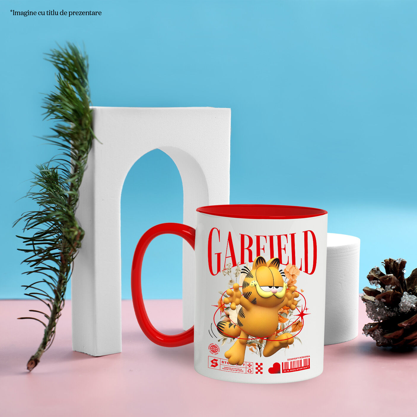 Cana Cu Flori Disney și Râsul lui Garfield Ceramica, 330ML, cu Maner Rosu [2]