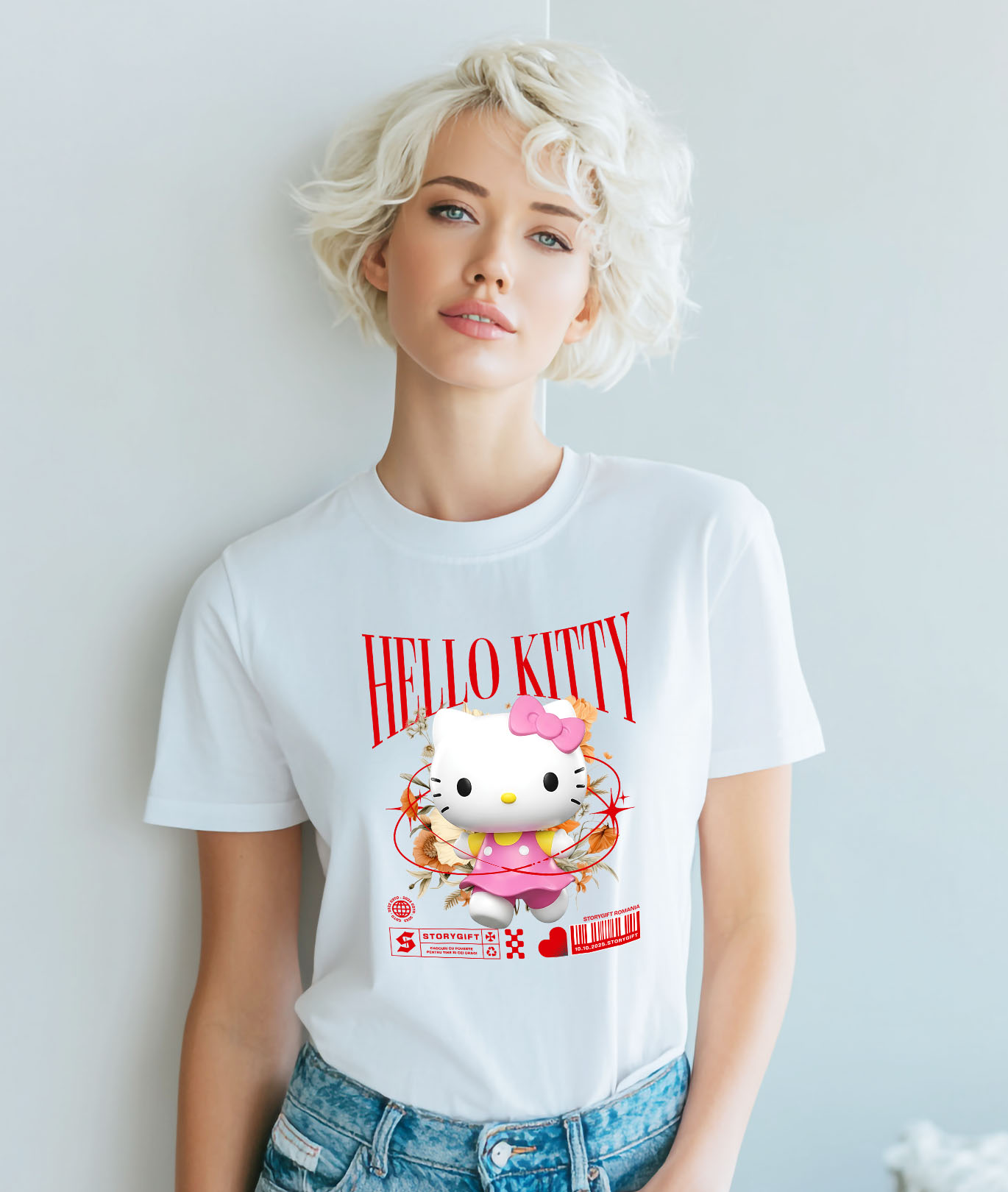 Tricou Femei cu Magie și Flori cu Hello Kitty din Lumea Disney 100% Bumbac, Alb, L [1]
