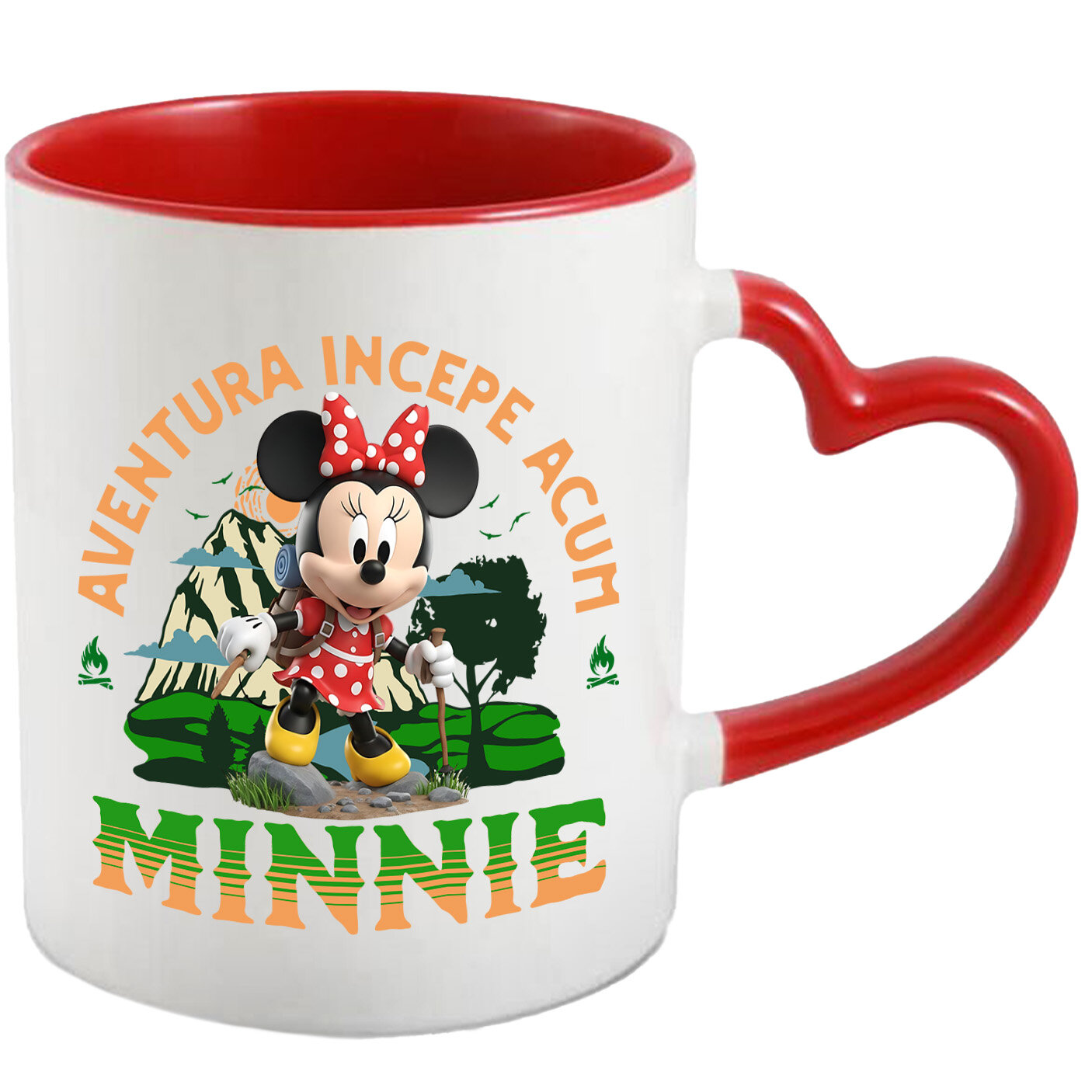 Calatorie - Cana Cu Drumetii Disney alături de Minnie Mouse Ceramica, 330ML, cu Maner Inima Rosie