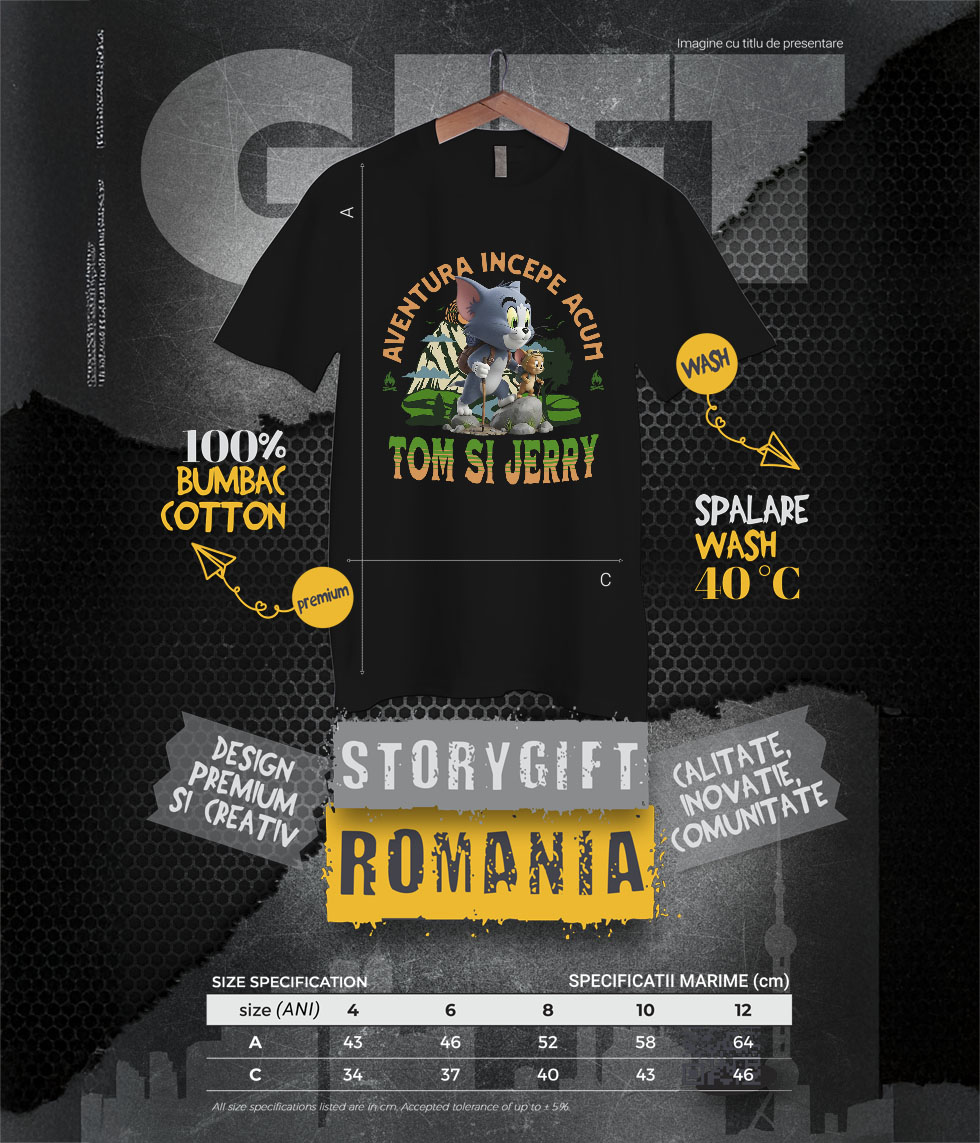 Tricou Copii cu Tom and Jerry - Drumeție cu Vânătoare și Distracție Disney 100% Bumbac, Negru, 12 Ani [5]