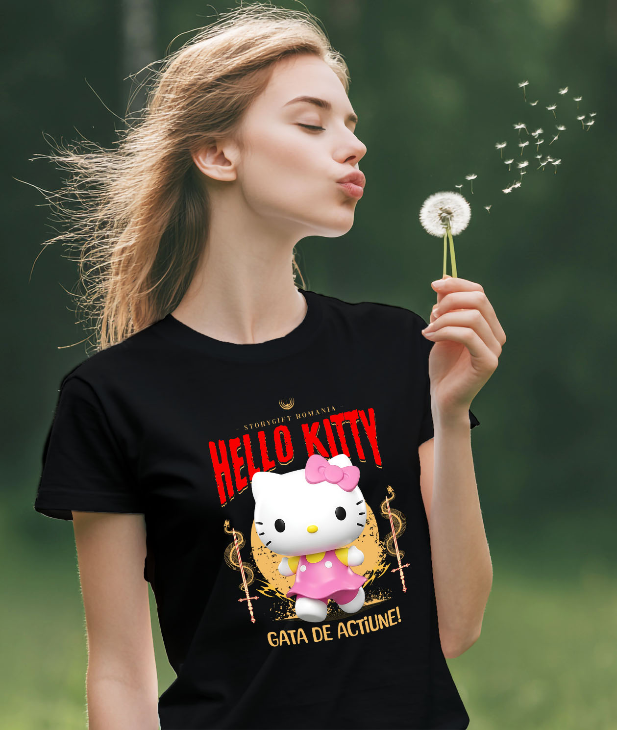 Tricou Femei cu Hello Kitty - Aventuri Jucăușe în Lumea Disney 100% Bumbac, Negru, L [1]