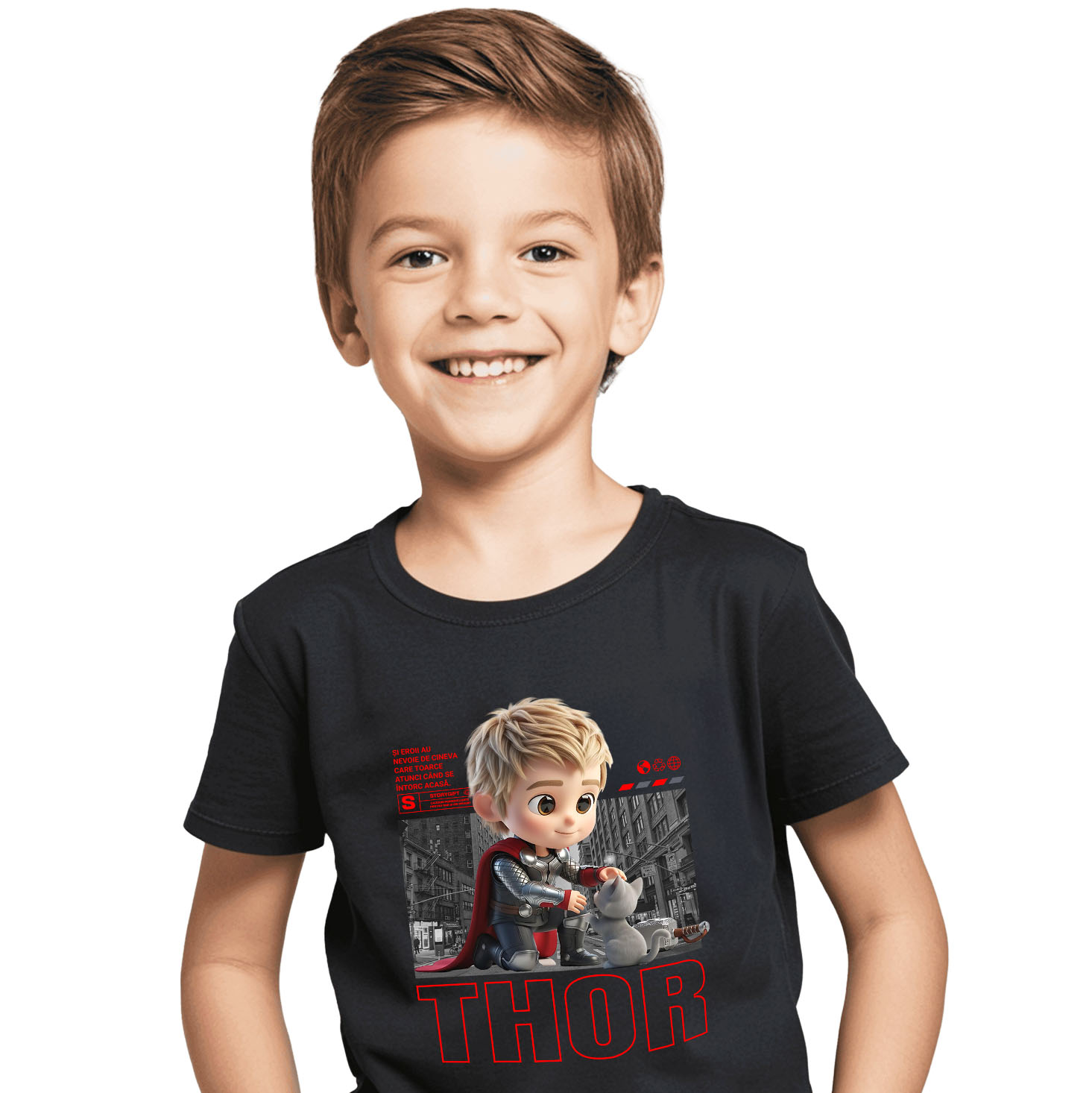 Pisici - Tricou Copii cu Thor si Pisicuta – Aventura Legendară 100% Bumbac, Negru, 10 Ani