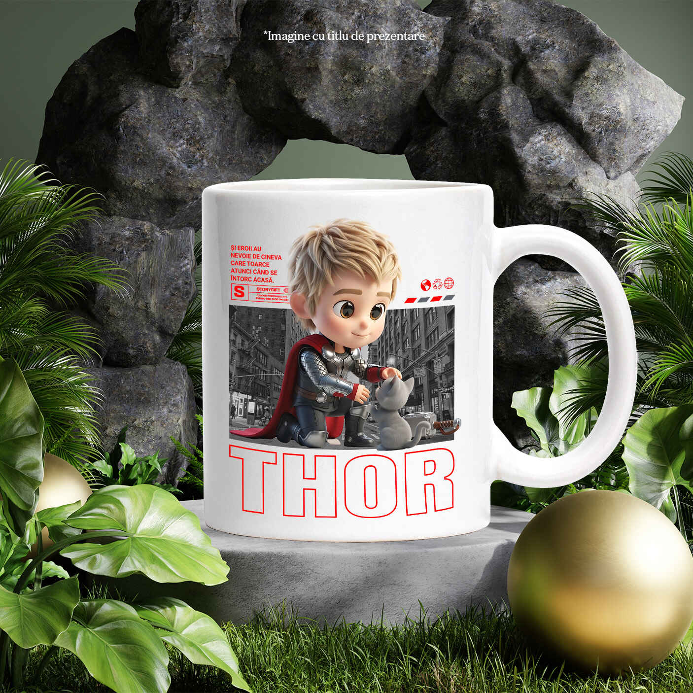 Cana Cu Thor si Pisicuta – Aventura Legendară Ceramica, 330ML, cu Maner Alb [2]