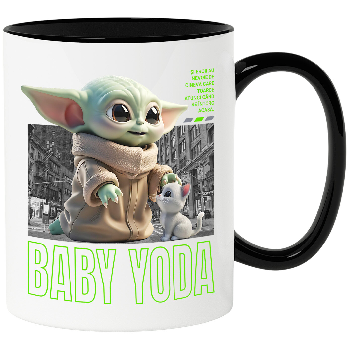 Desene Animate - Cana Cu Baby Yoda si Pisicuta – Aventura Galactica Ceramica, 330ML, cu Maner Negru