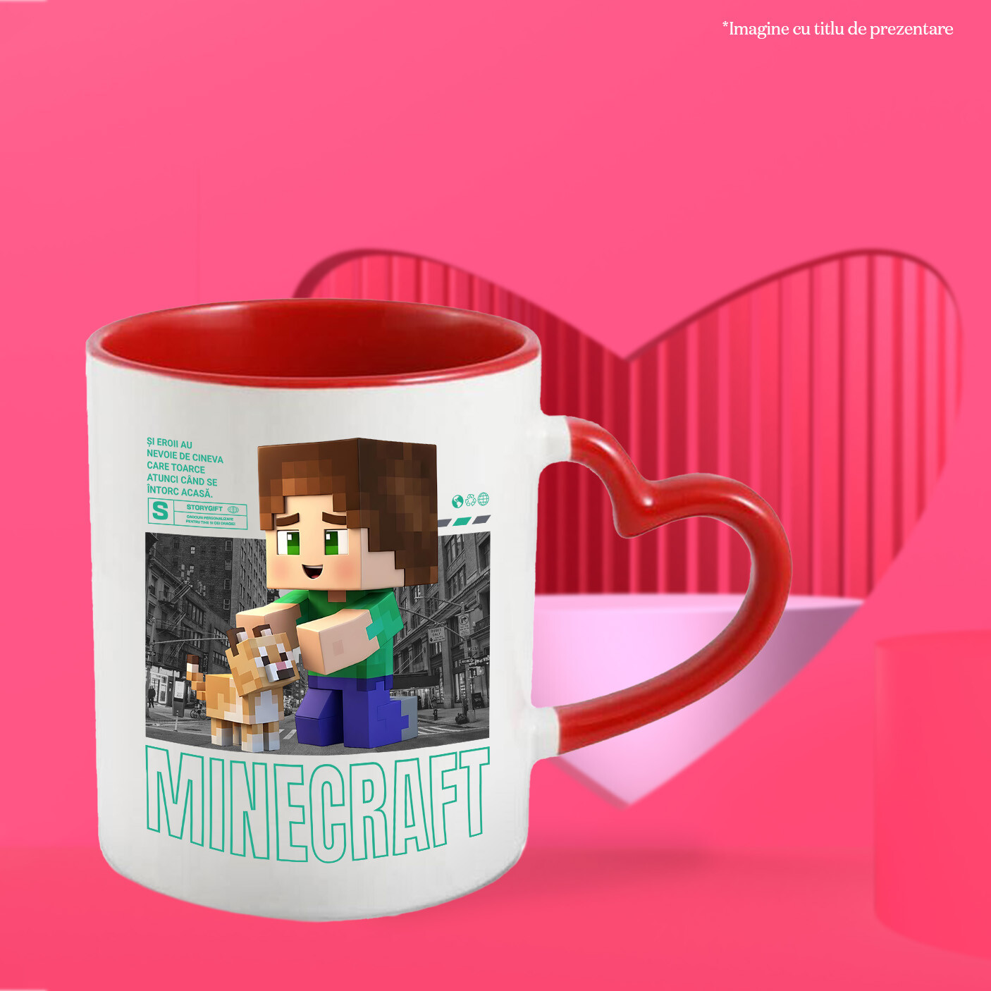 Cana Cu Minecraft si Pisicuta – Echipa de Constructie Ceramica, 330ML, cu Maner Inima Rosie [1]