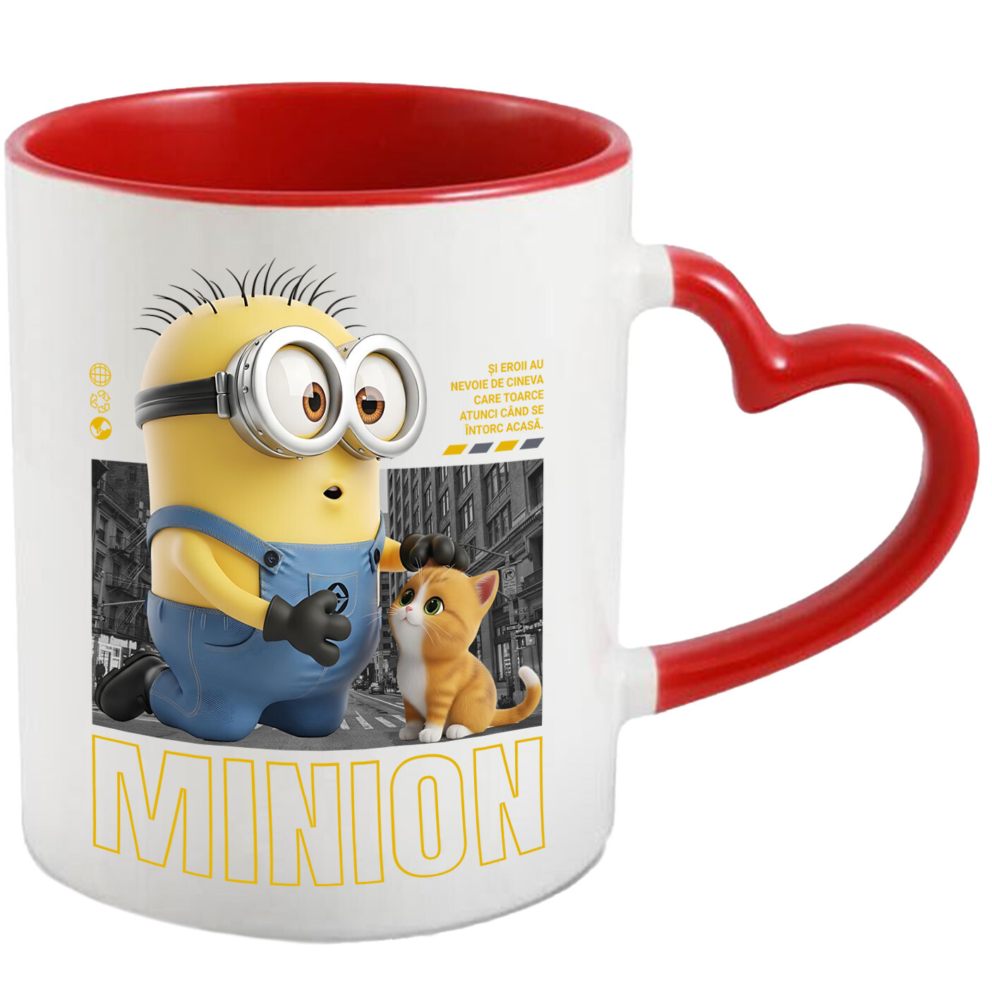 Desene Animate - Cana Cu Minions si Pisicuta – Distractie si Actiune Ceramica, 330ML, cu Maner Inima Rosie