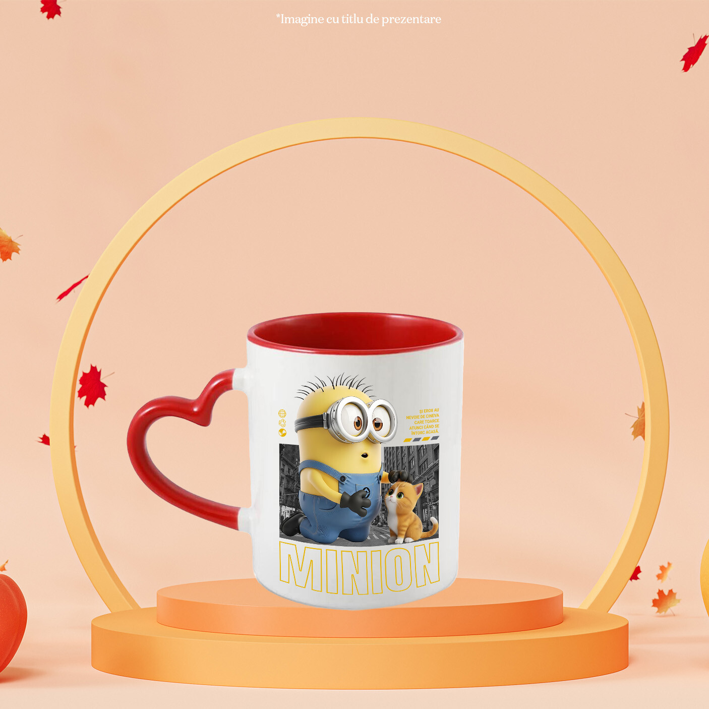 Cana Cu Minions si Pisicuta – Distractie si Actiune Ceramica, 330ML, cu Maner Inima Rosie [1]