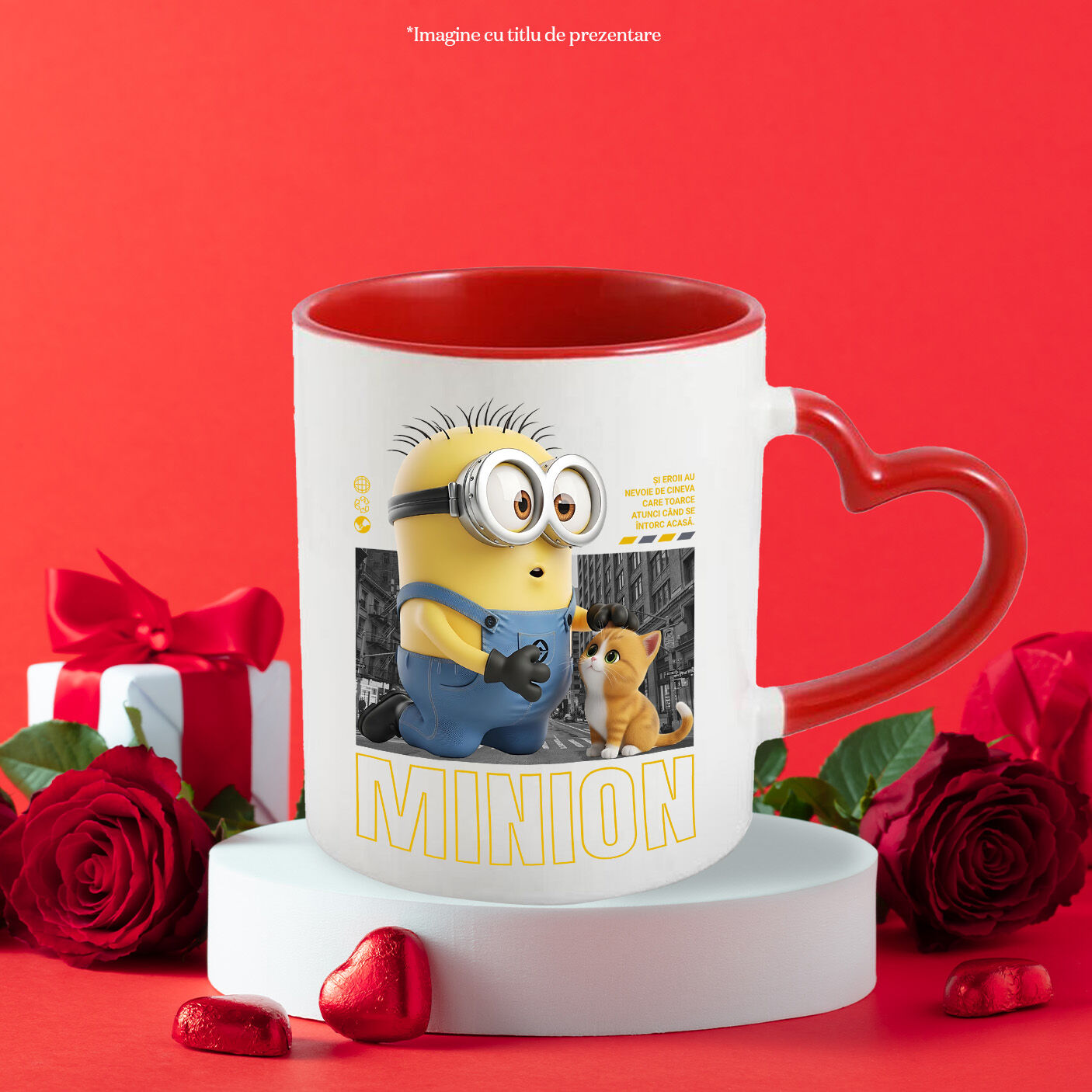 Cana Cu Minions si Pisicuta – Distractie si Actiune Ceramica, 330ML, cu Maner Inima Rosie [2]