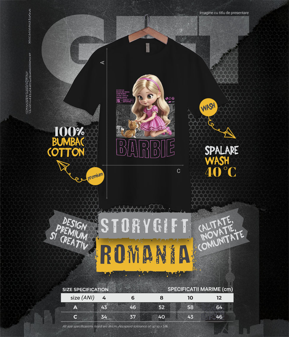 Tricou Copii cu Barbie si Pisicuta – Echipa Fermecata 100% Bumbac, Negru, 12 Ani [5]