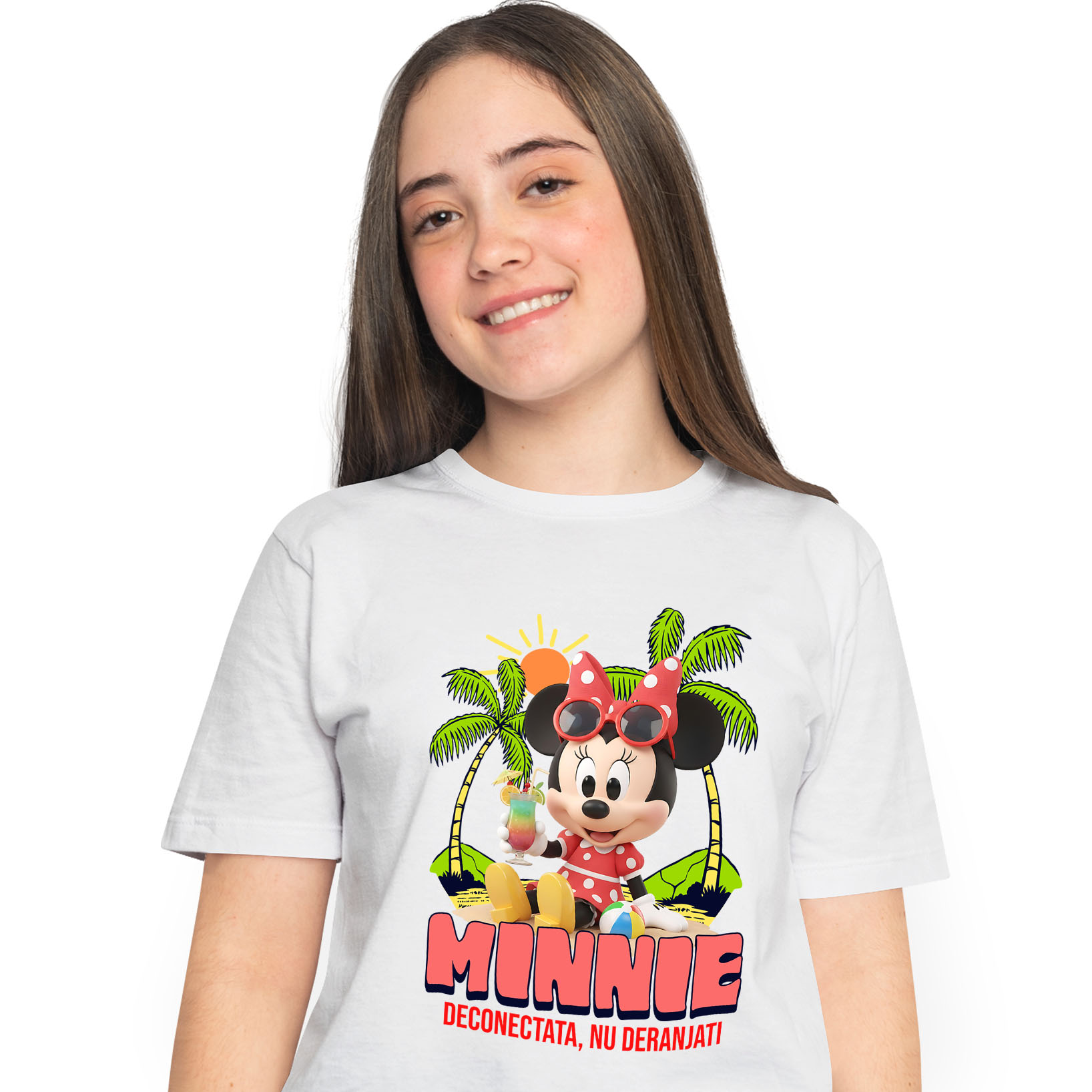 Tricouri - Tricou Femei cu Minnie Mouse la Plaja – Soare si Palmieri 100% Bumbac, Alb, S