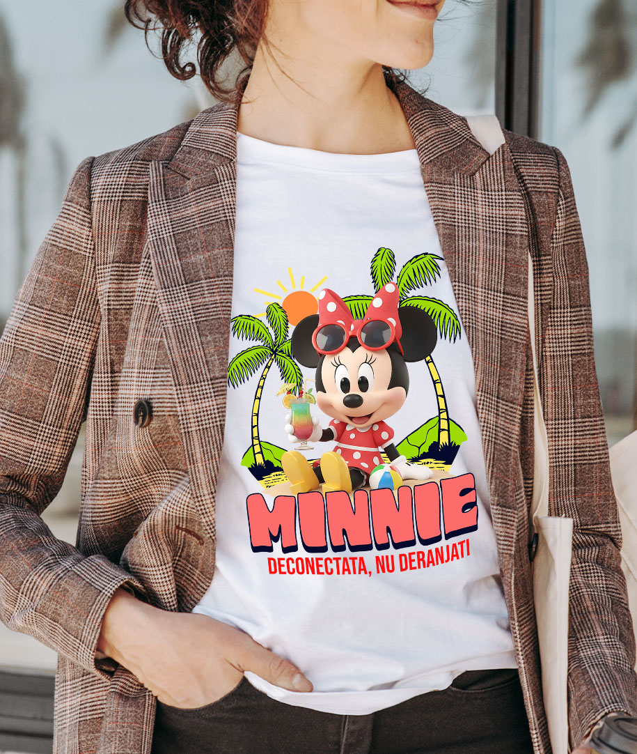 Tricou Femei cu Minnie Mouse la Plaja – Soare si Palmieri 100% Bumbac, Alb, S [1]