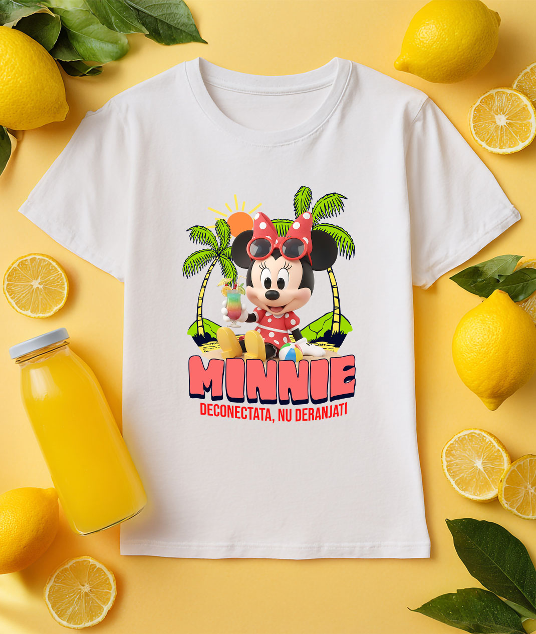 Tricou Femei cu Minnie Mouse la Plaja – Soare si Palmieri 100% Bumbac, Alb, S [2]