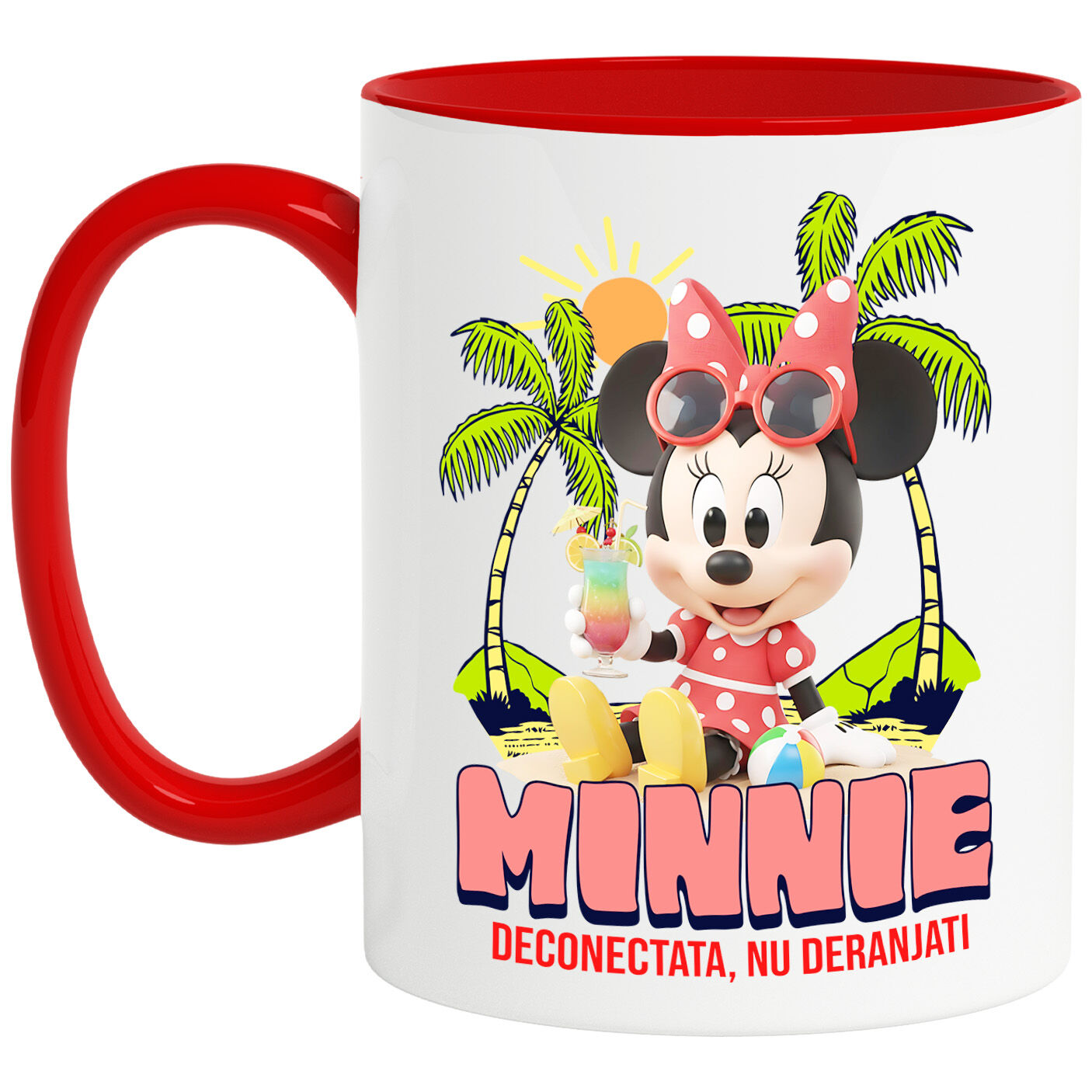 Lume Digitala - Cana Cu Minnie Mouse la Plaja – Soare si Palmieri Ceramica, 330ML, cu Maner Rosu