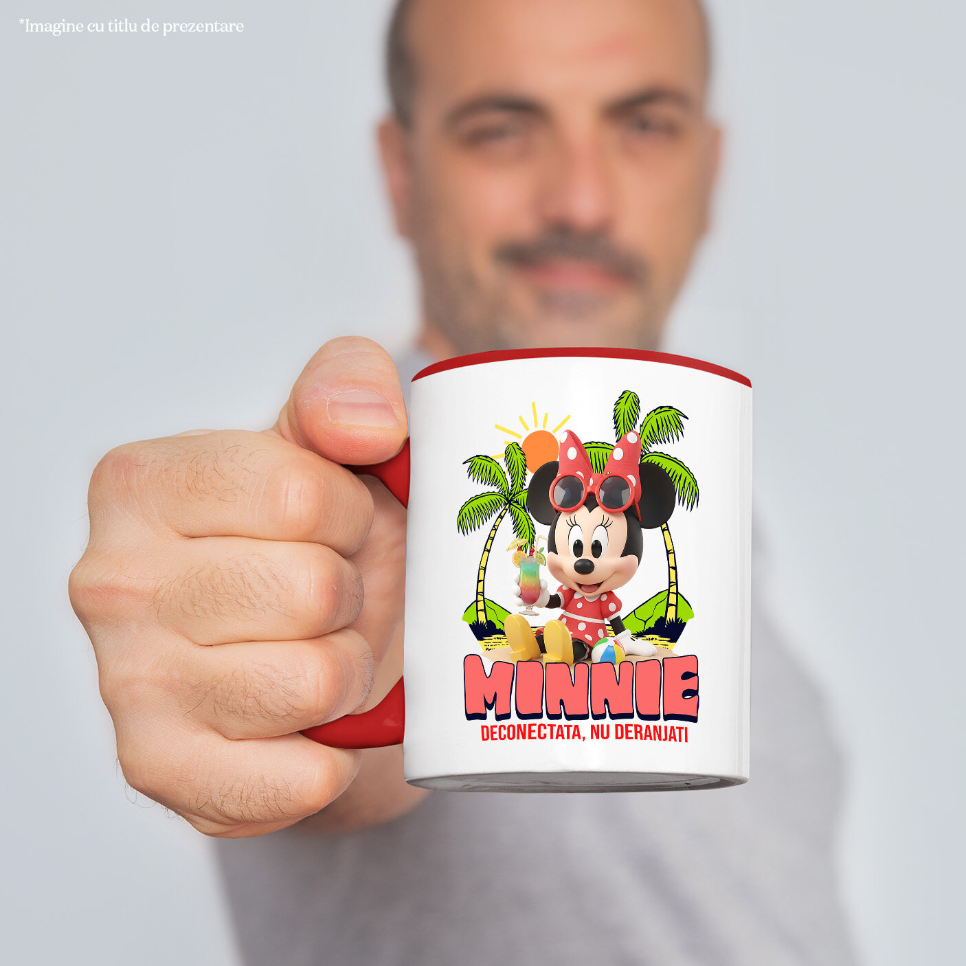 Cana Cu Minnie Mouse la Plaja – Soare si Palmieri Ceramica, 330ML, cu Maner Rosu [1]