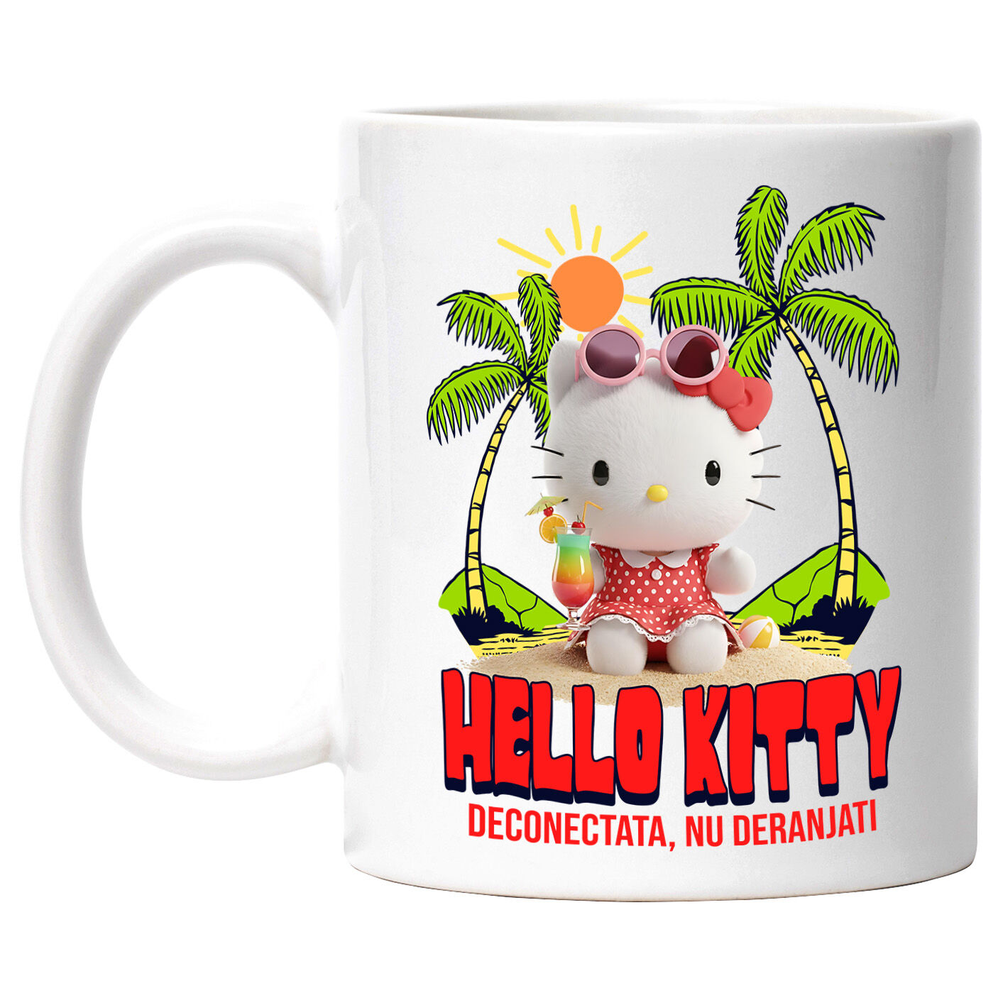 Plaja - Cana Cu Hello Kitty la Plaja – Soare si Palmieri Ceramica, 330ML, cu Maner Alb