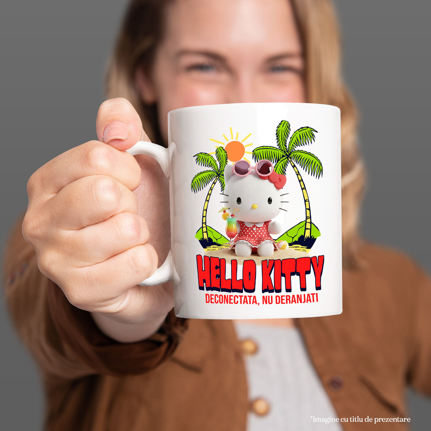 Cana Cu Hello Kitty la Plaja – Soare si Palmieri Ceramica, 330ML, cu Maner Alb [1]